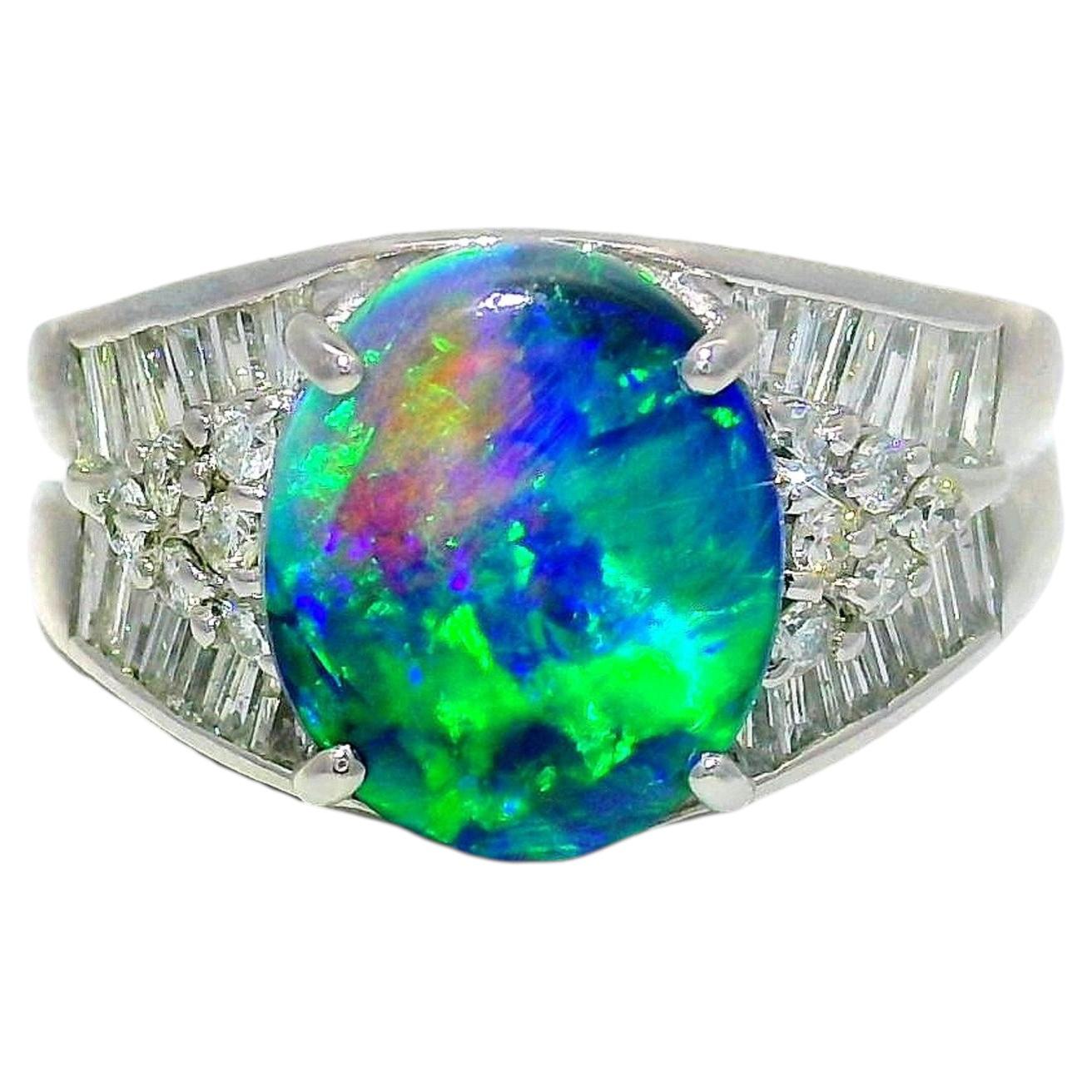 2.57 Carat Australian Black Opal Diamond Platinum Ring