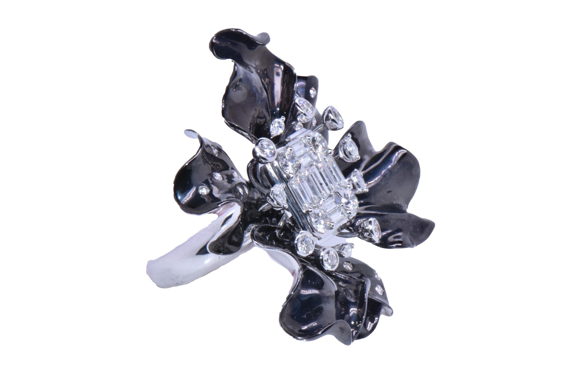 2.57 Carat Black Flower Ring in 18k White Gold 
with a Micro-inlay of diamonds on every other petal, 3D Pollen stems with Round, Marquise, and Pear Shaped Diamonds surrounding a Large Baguette Center with For Round Diamonds on the Corners 
Total