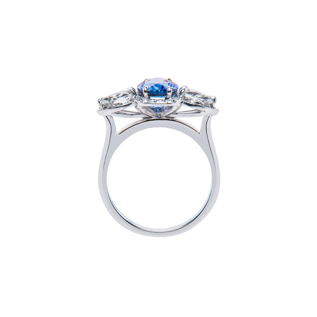 Oval Cut 2.57 Carat Ceylon Blue Oval Sapphire Diamond Cluster Ring Natalie Barney For Sale
