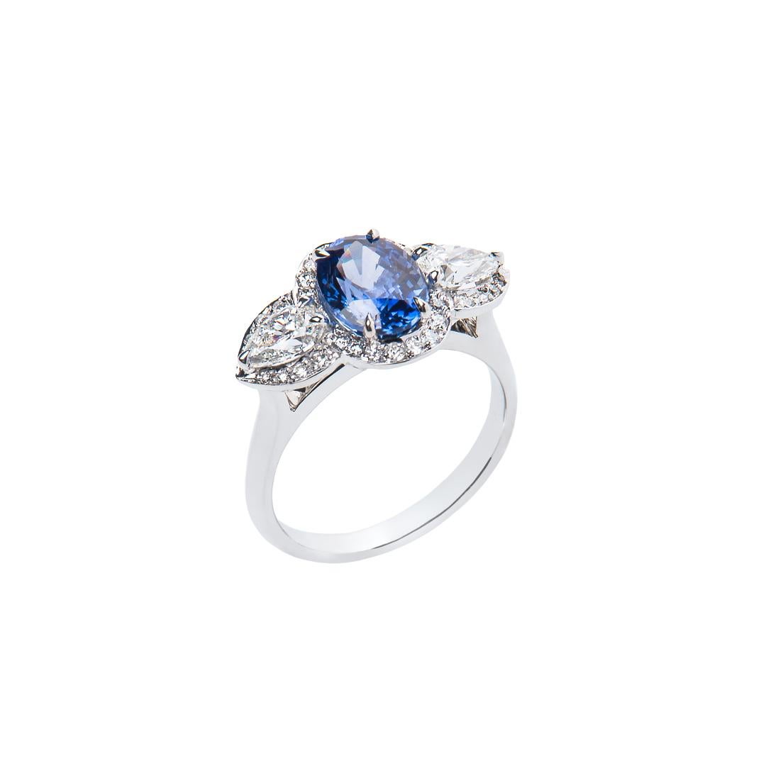 2.57 Carat Ceylon Blue Oval Sapphire Diamond Cluster Ring Natalie Barney In New Condition For Sale In Crows Nest, NSW