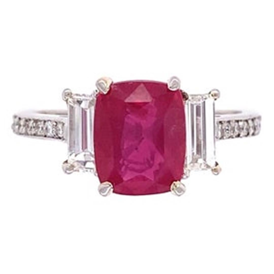 2.57 Carat Cushion Ruby and Diamond Cocktail Platinum Ring Estate Fine Jewelry For Sale 4