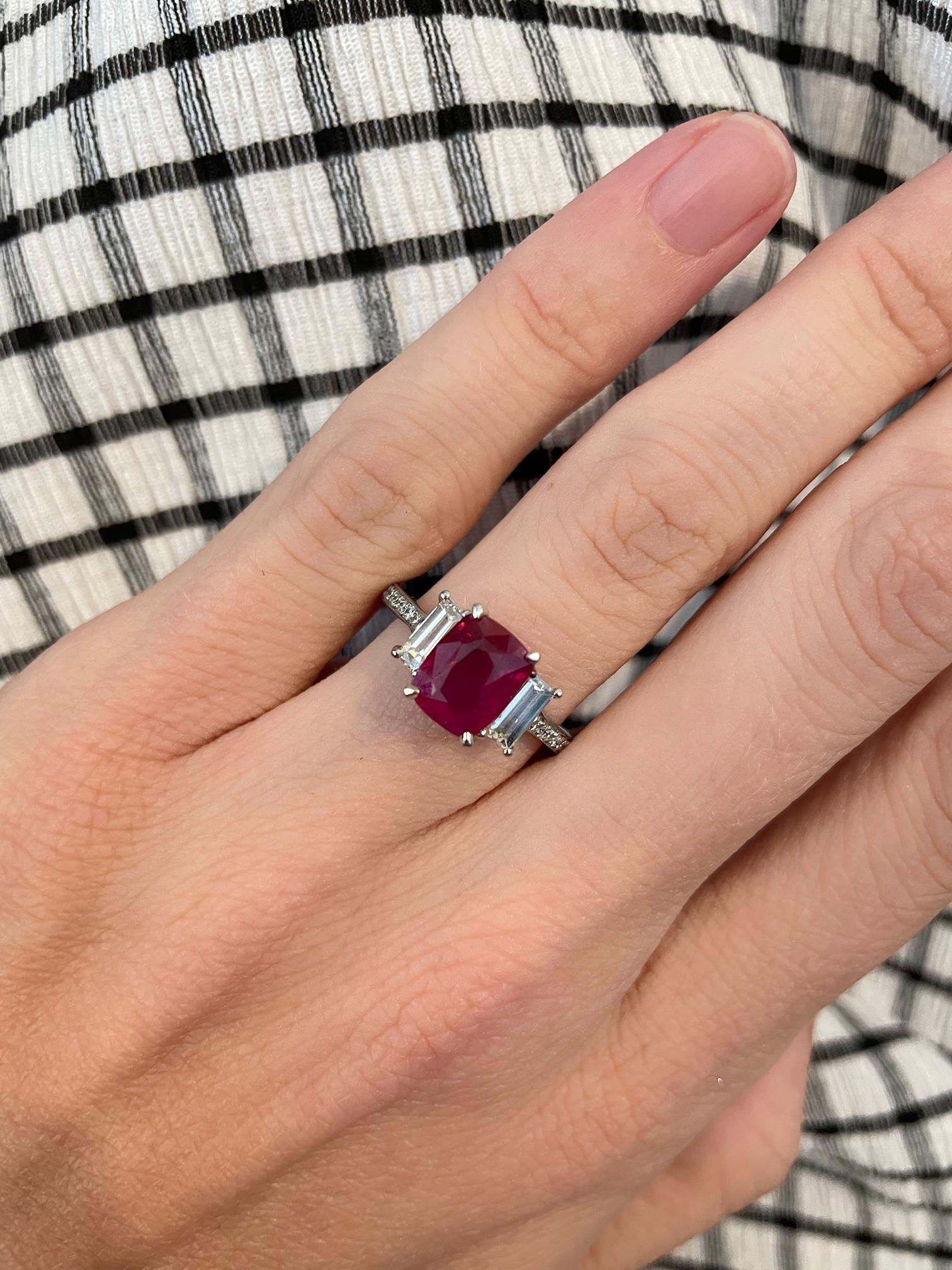 2.57 Carat Cushion Ruby and Diamond Cocktail Platinum Ring Estate Fine Jewelry For Sale 5