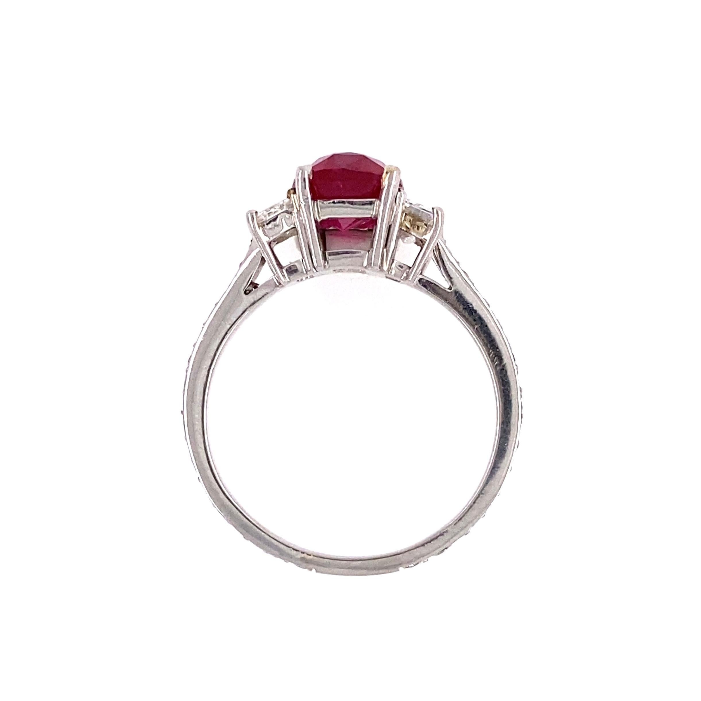 Cushion Cut 2.57 Carat Cushion Ruby and Diamond Cocktail Platinum Ring Estate Fine Jewelry For Sale