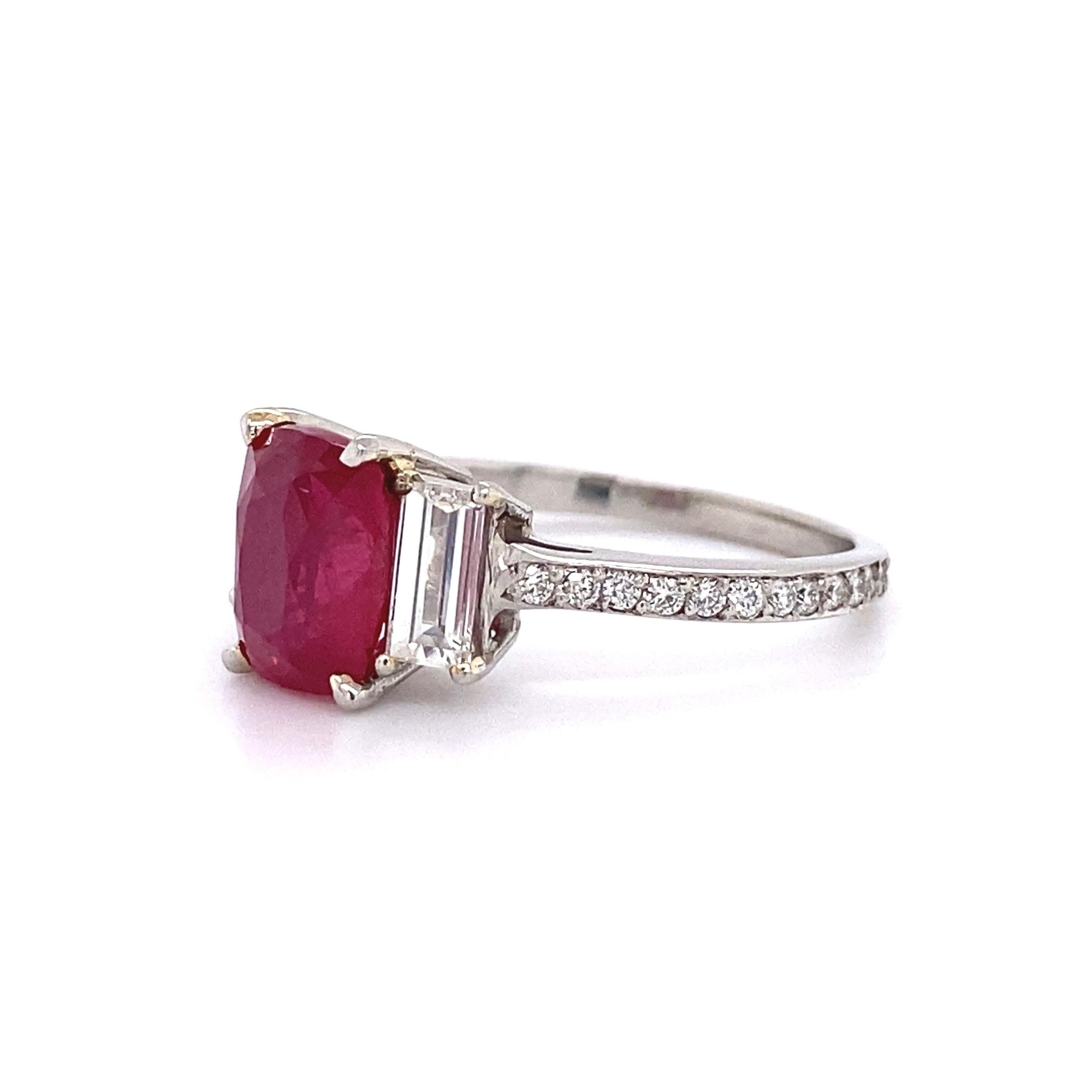 2.57 Carat Cushion Ruby and Diamond Cocktail Platinum Ring Estate Fine Jewelry For Sale 1