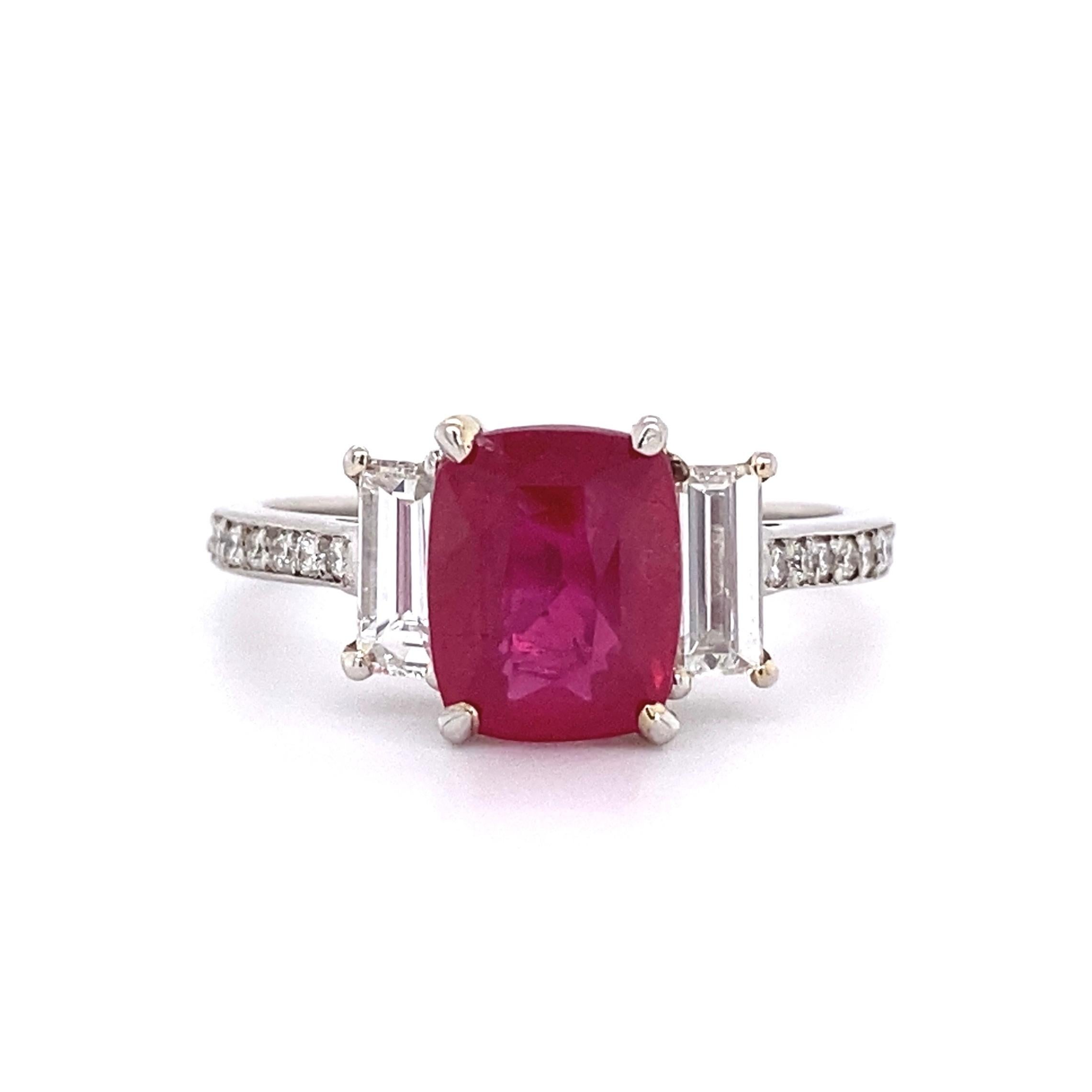 2.57 Carat Cushion Ruby and Diamond Cocktail Platinum Ring Estate Fine Jewelry For Sale 2