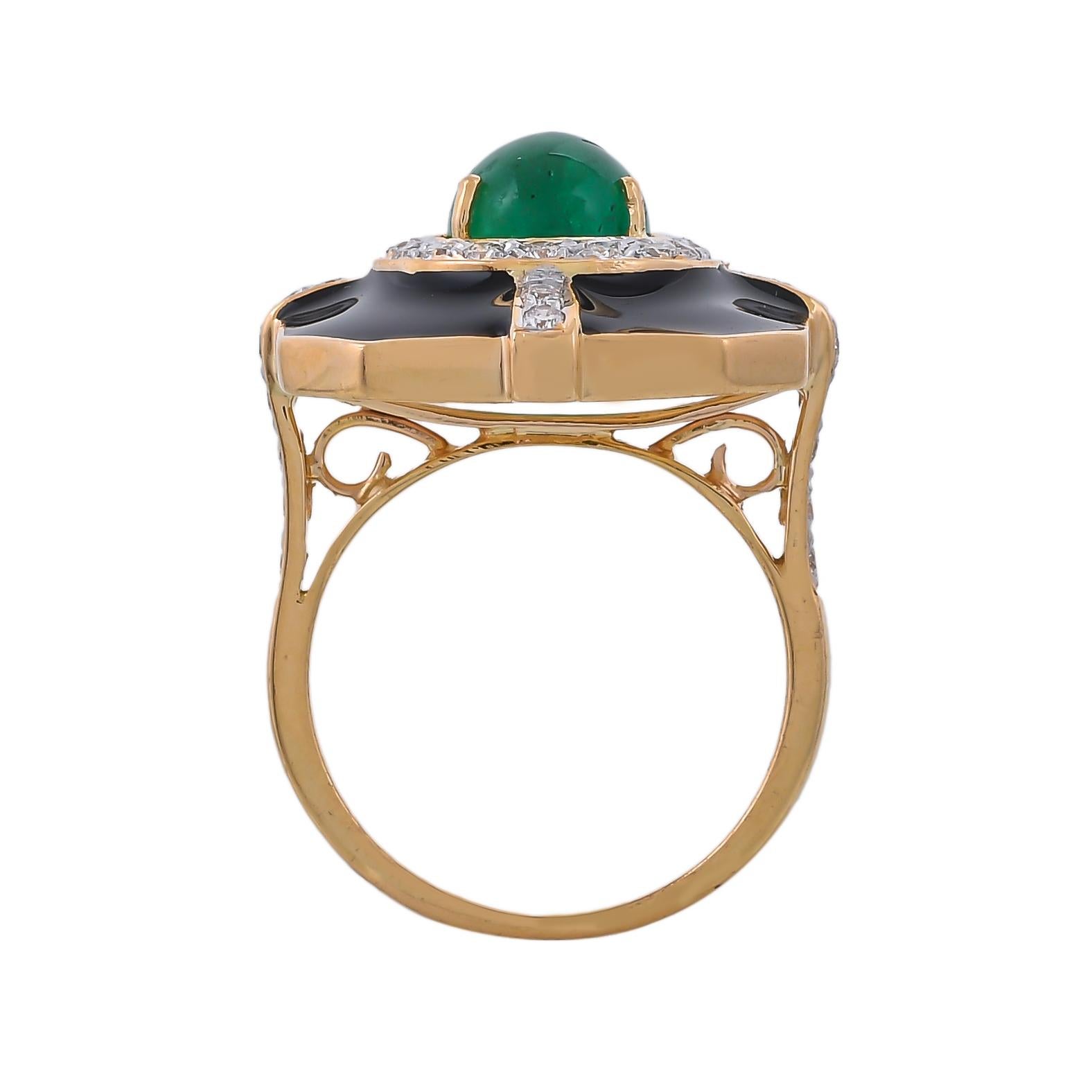 Modern and stylish this 18 karat ring features a bold, geometric shape set with the eccentric combination of 2.57 carats emerald surrounded by sparkling white 0.47 carats diamonds and solid black enamel, highlights this statement yellow gold