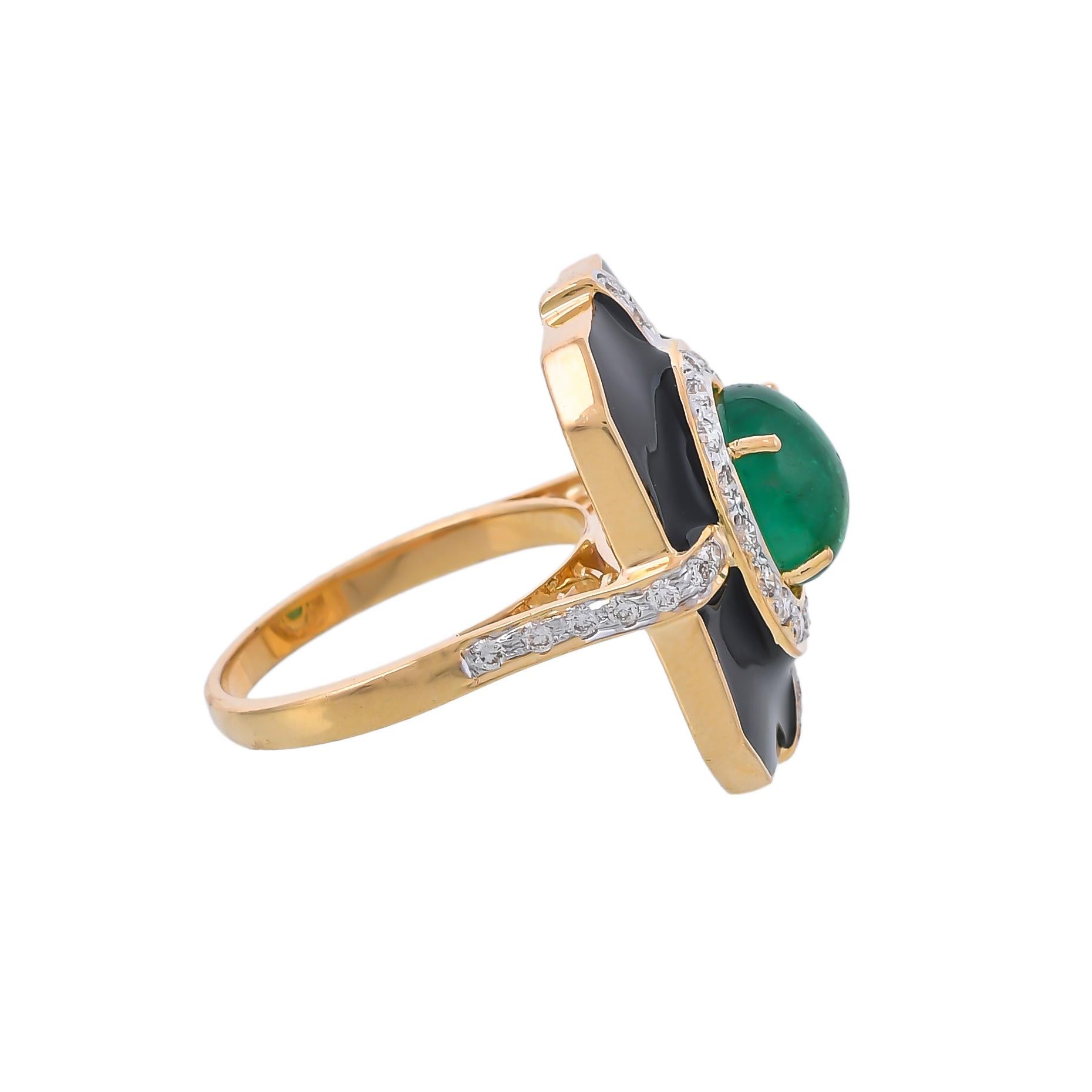 Contemporary 2.57 Carat Emerald And Diamond Black Enamel 18 Karat Yellow Gold Ring