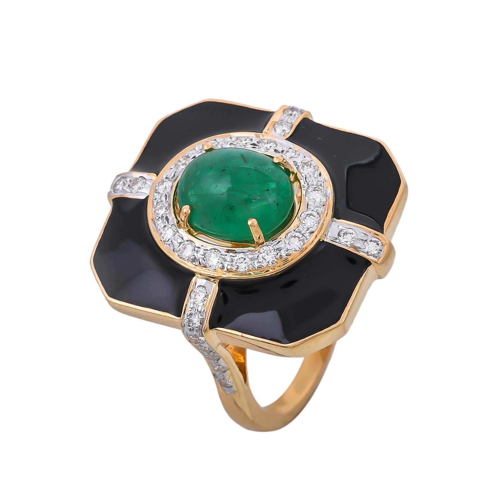 Cabochon 2.57 Carat Emerald And Diamond Black Enamel 18 Karat Yellow Gold Ring