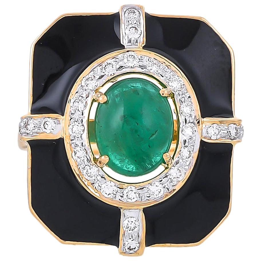 2.57 Carat Emerald And Diamond Black Enamel 18 Karat Yellow Gold Ring