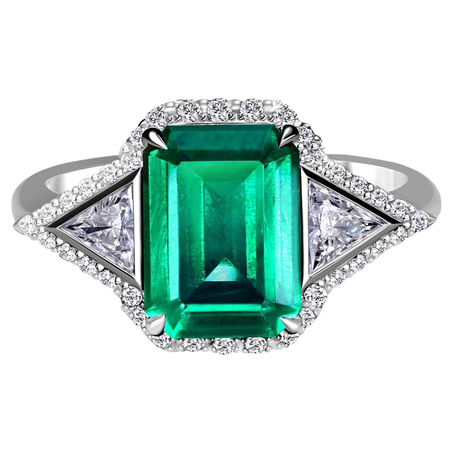 AGL Certified 2.57 Carat Emerald Three Stone Halo Ring For Sale