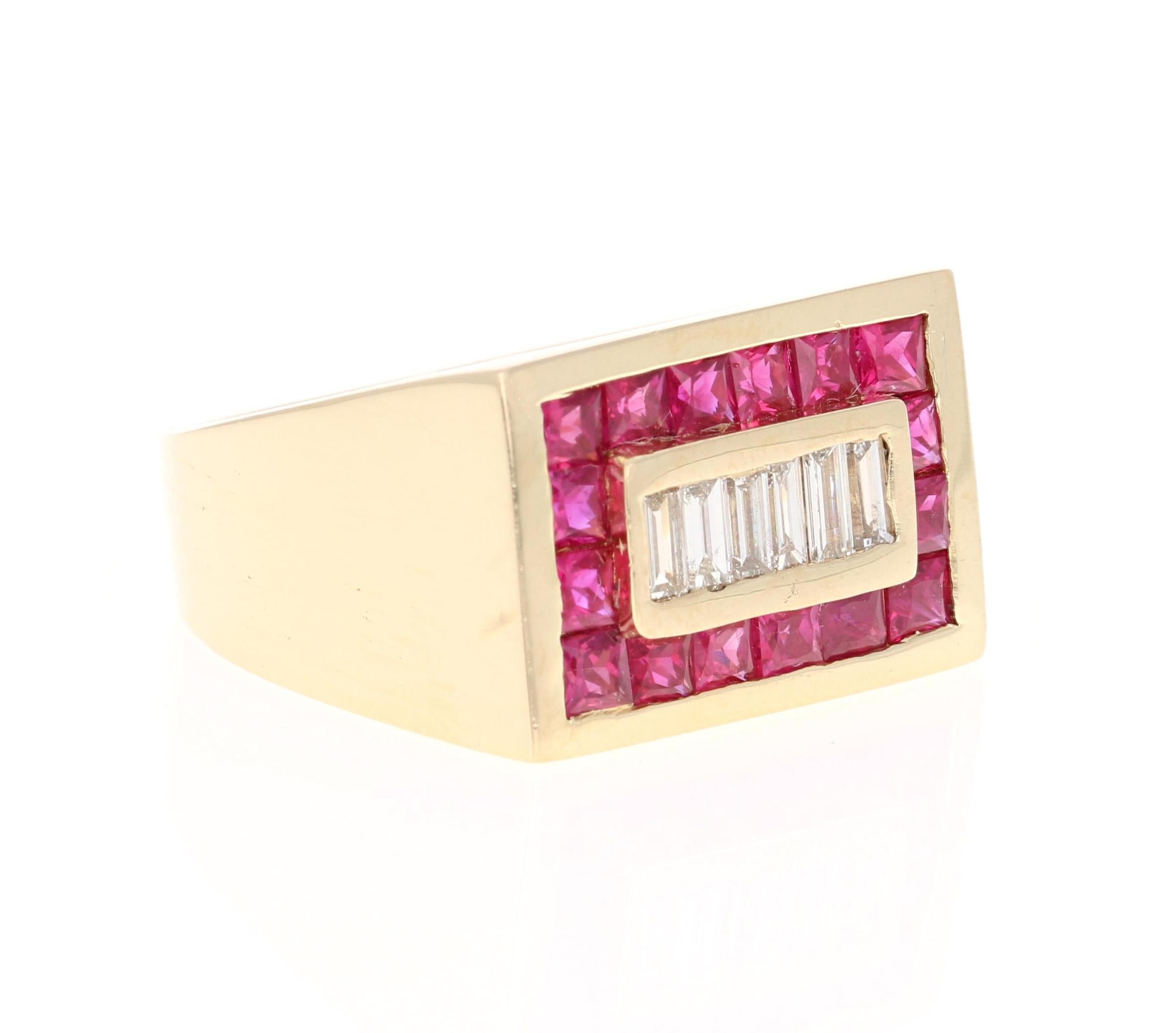 We also carry a unique Men's Collection of Wedding Bands & Rings! 

This amazing piece is set with 16 Square Cut Rubies that weigh 2.11 Carats with a center row of 6 Baguette Cut Diamonds that weigh 0.46 Carats. The Total Carat Weight of the ring is