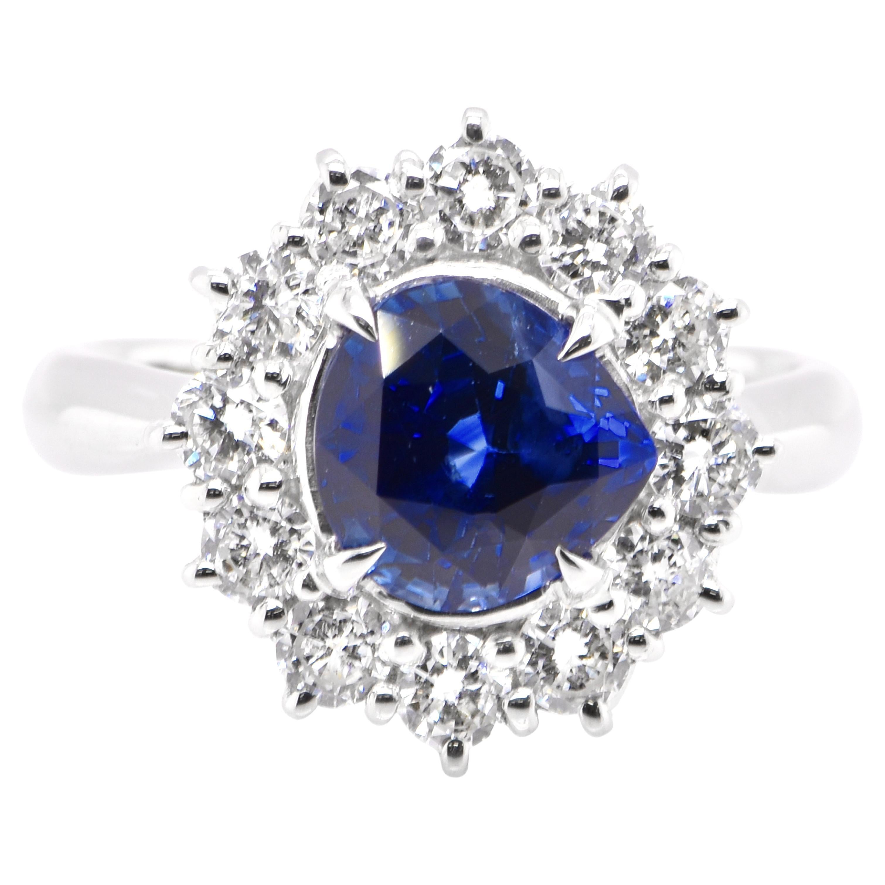 2.57 Carat Natural Royal Blue Sapphire and Diamond Ring Set in Platinum