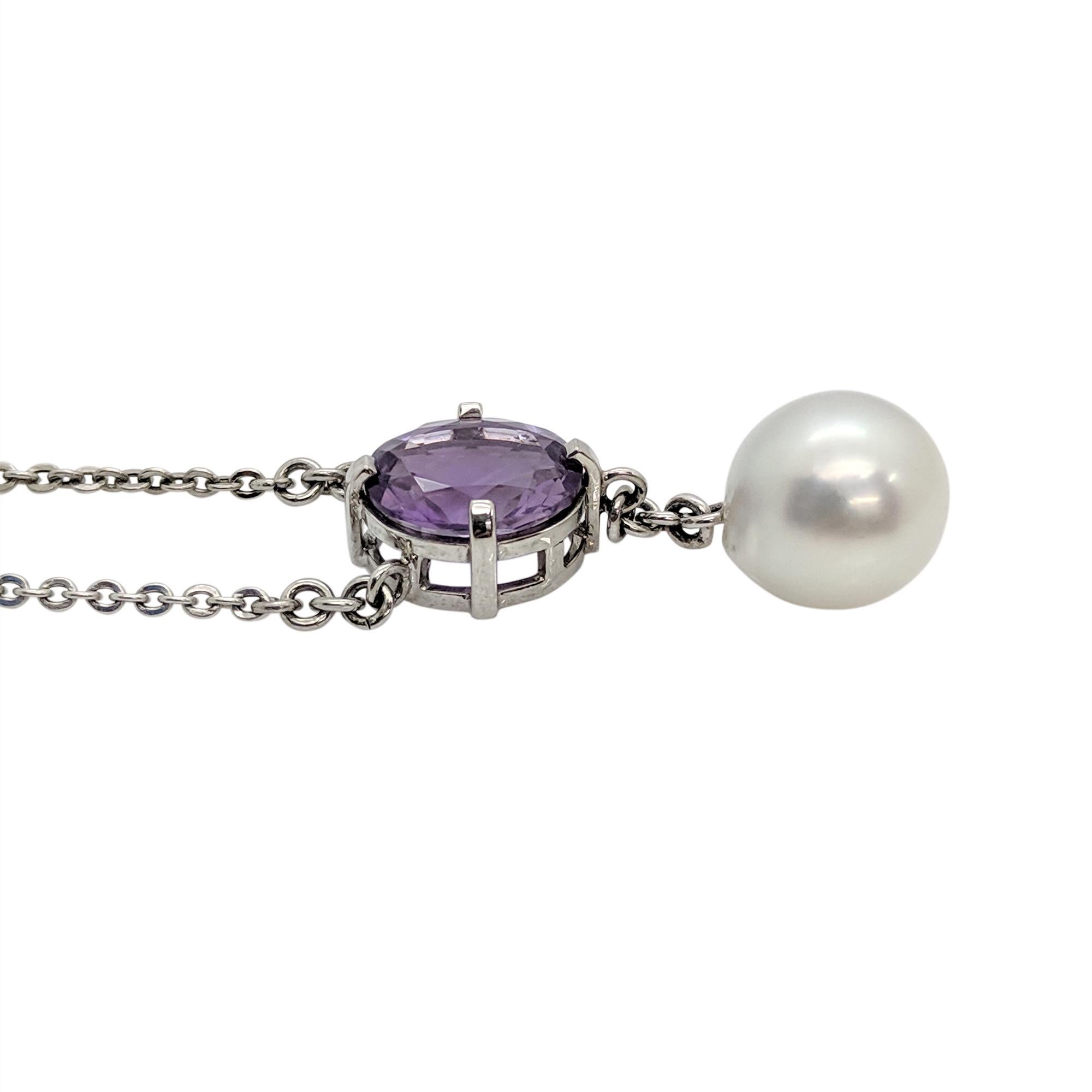  2.57 Carat Oval Cut Amethyst and South Sea Pearl Necklace 18 Carat White Gold In New Condition For Sale In South Perth, AU