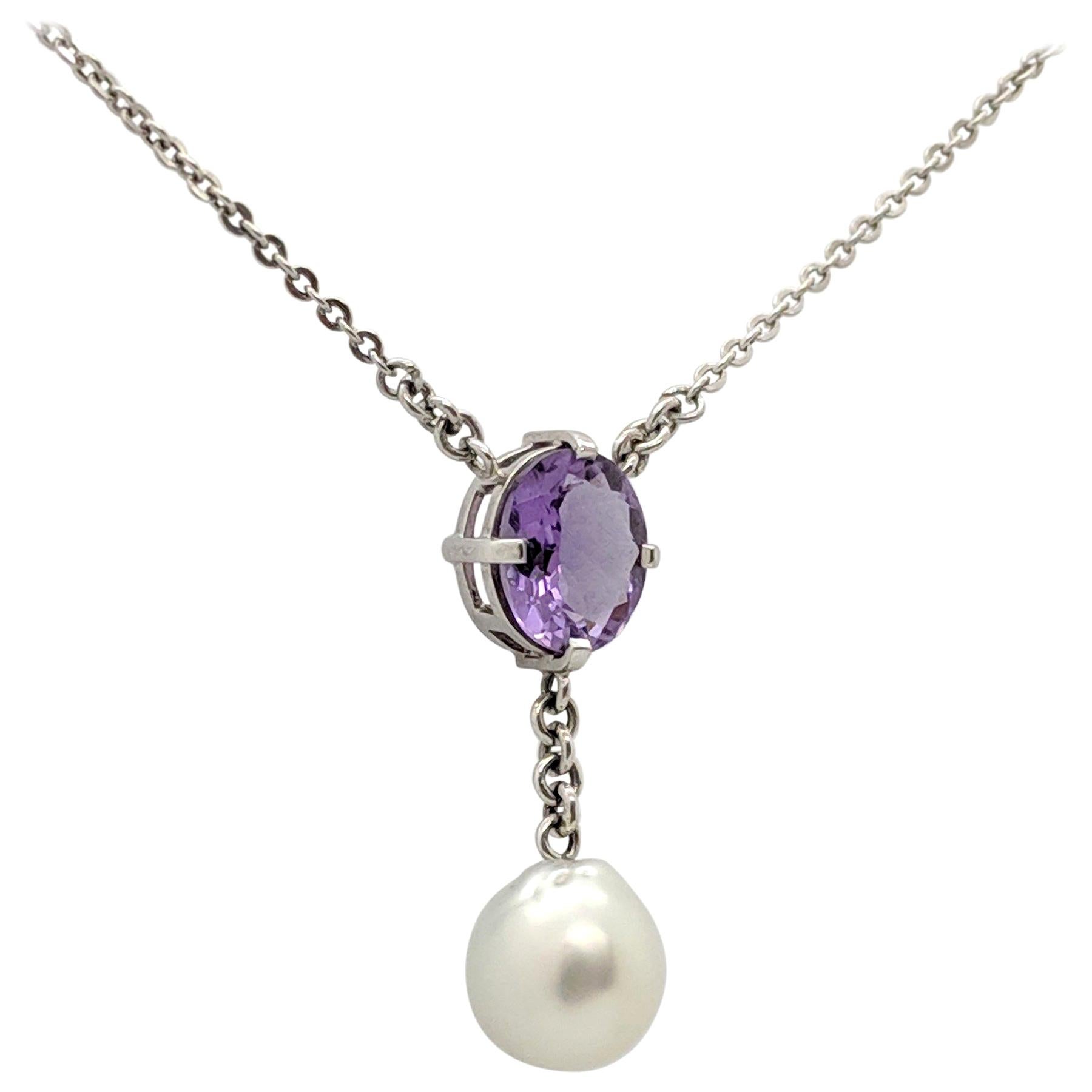  2.57 Carat Oval Cut Amethyst and South Sea Pearl Necklace 18 Carat White Gold For Sale