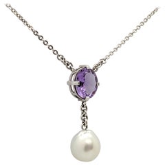 2.57 Carat Oval Cut Amethyst and South Sea Pearl Necklace 18 Carat White Gold