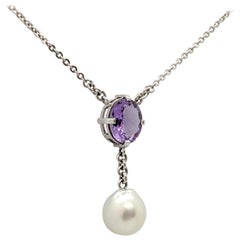  2.57 Carat Oval Cut Amethyst and South Sea Pearl Necklace 18 Carat White Gold