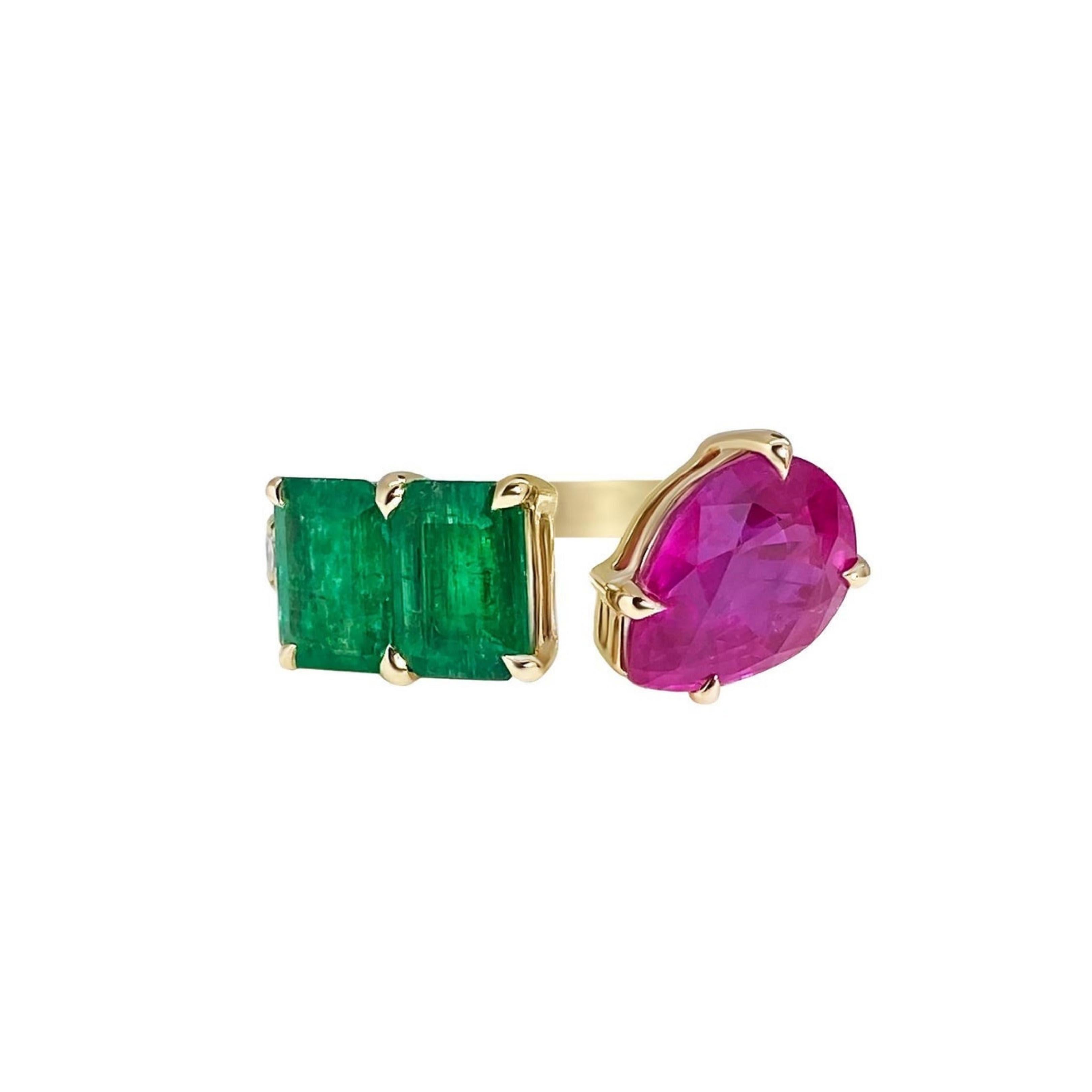 This ring design focuses on mixed gem shapes and vivid colors. The three stones were designed to float on your finger. The 2.57ct pear shaped pinkish red ruby is a natural heated ruby from Thailand. The emeralds are also natural emeralds in a