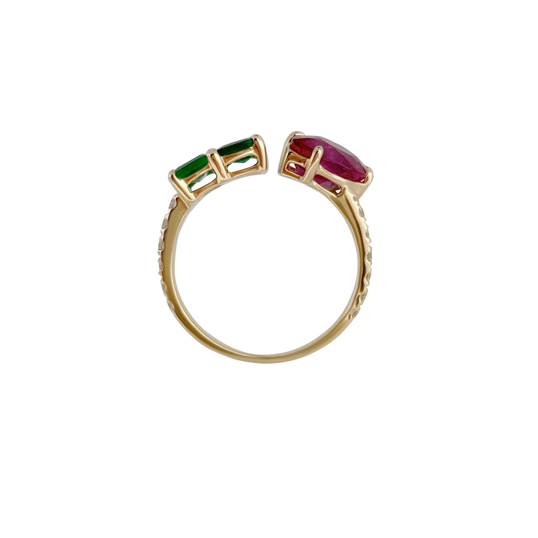 2,57 Karat rosa birnenförmiger Rubin und Smaragd Ring in Diamantband und 18k Gold  (Moderne) im Angebot