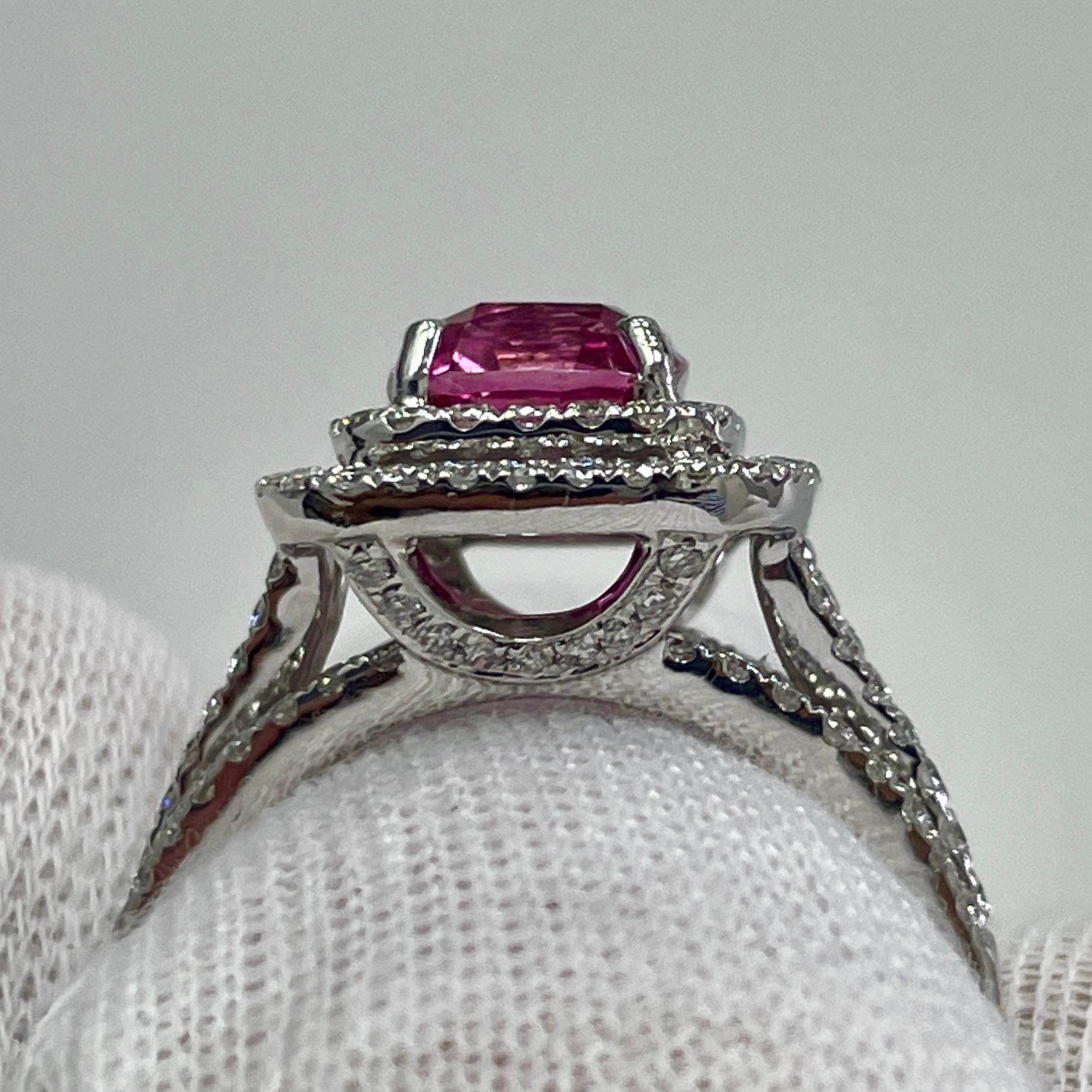 Cushion Cut 2.57 Carat Pink Sapphire & Diamond White Gold Ring For Sale
