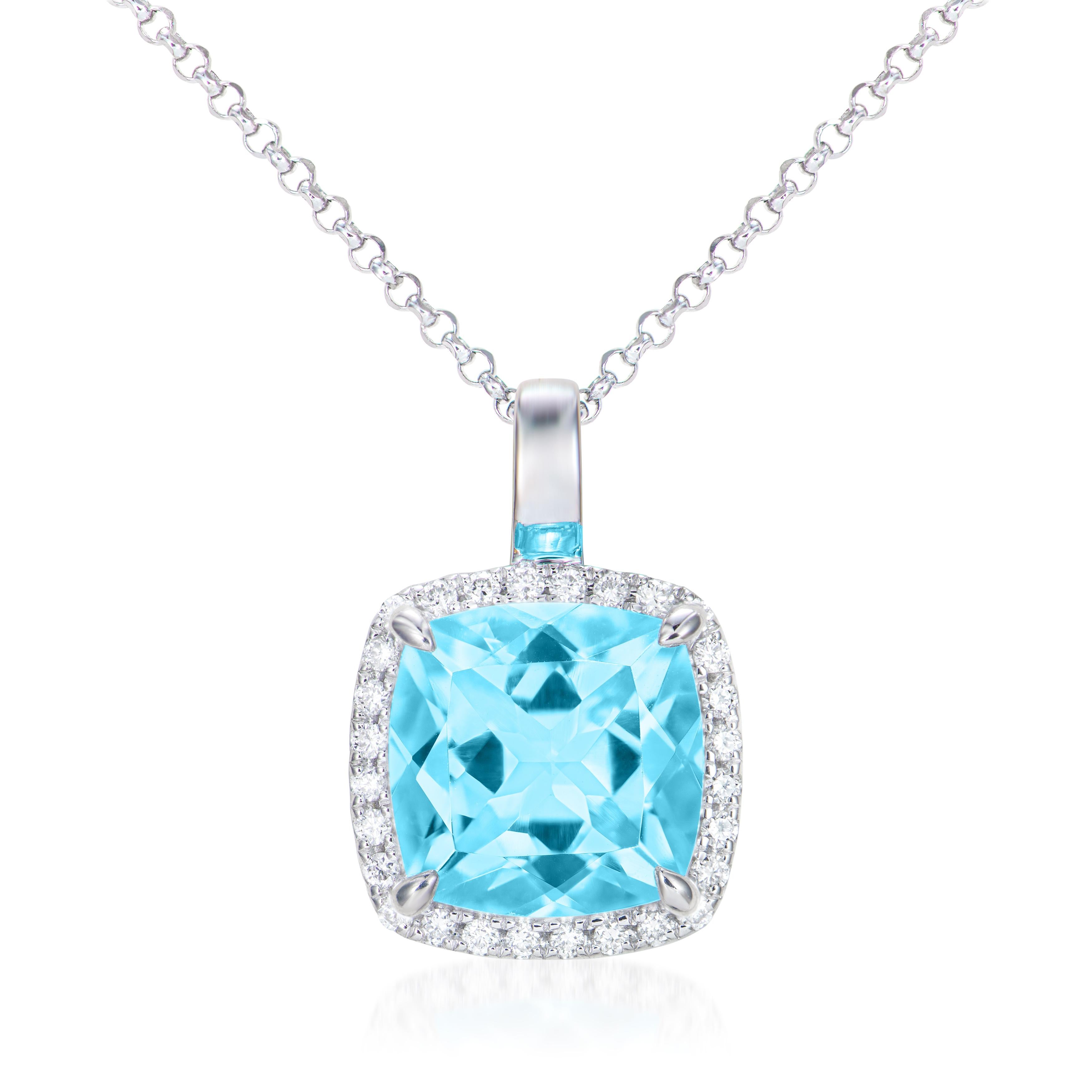 Contemporary 2.57 Carat Swiss Blue Topaz Pendant in 18Karat White Gold with White Diamond. For Sale