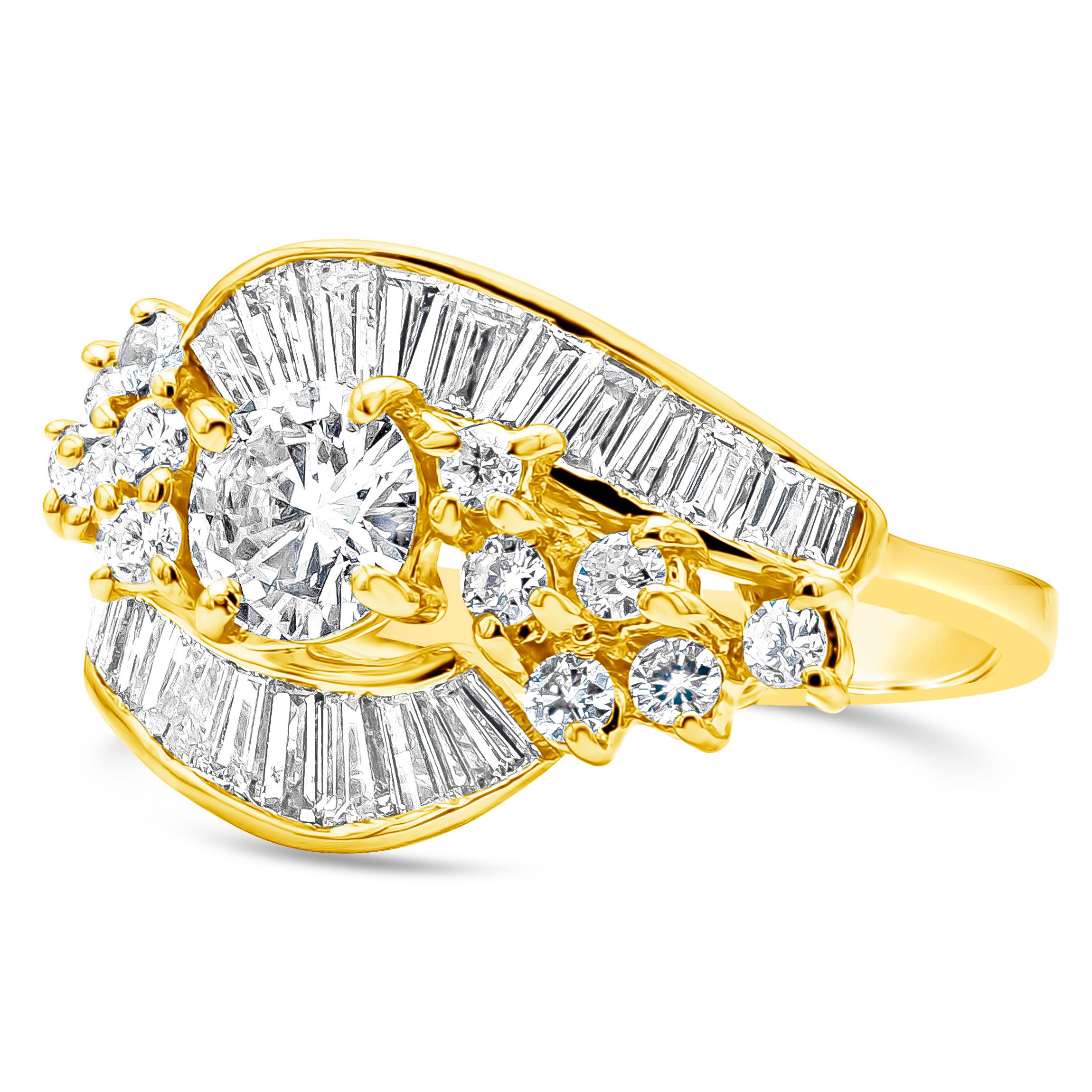 A distinctive fashion ring, showcasing two rows of baguette cut diamonds weighing 1.54 carats total and one middle row of round brilliant cut diamonds weighing 1.03 carats total. Diamonds are G color and VS-SI clarity. Finely made with 14K yellow