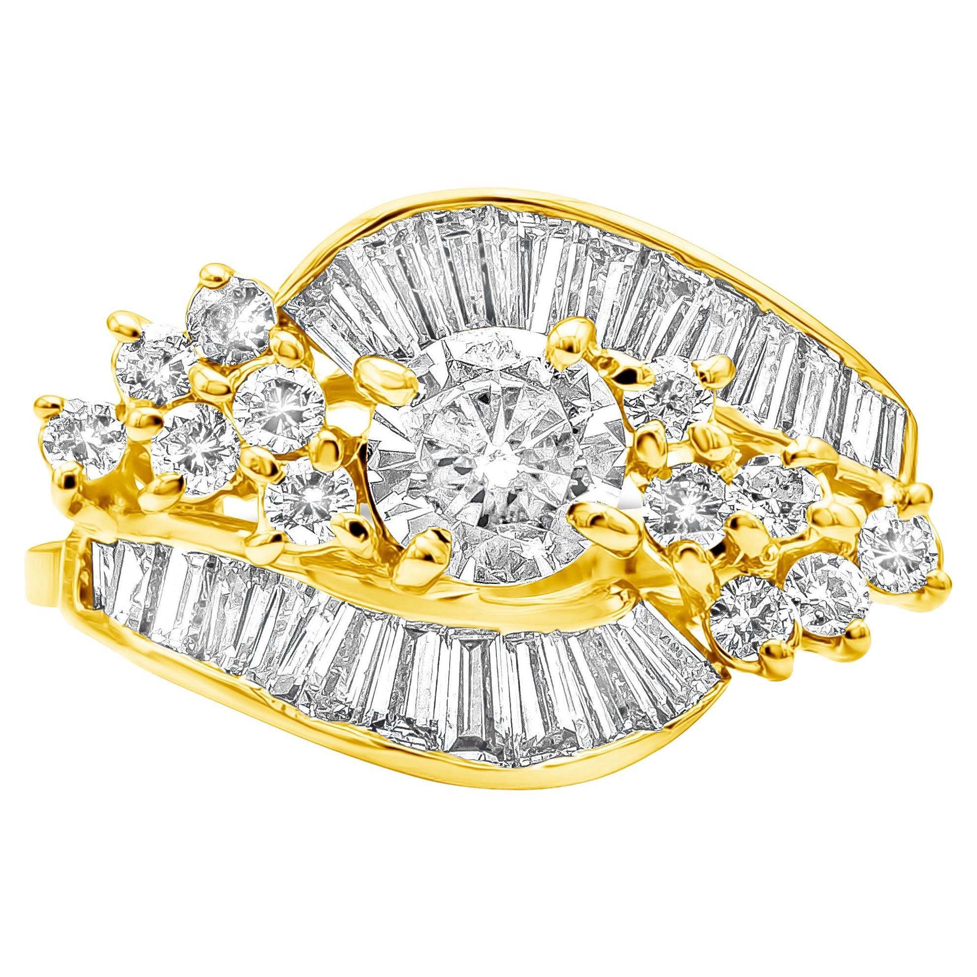 2,57 Karat Gesamt Dreireihiger Baguette- und runder Diamant-Mode-Ring