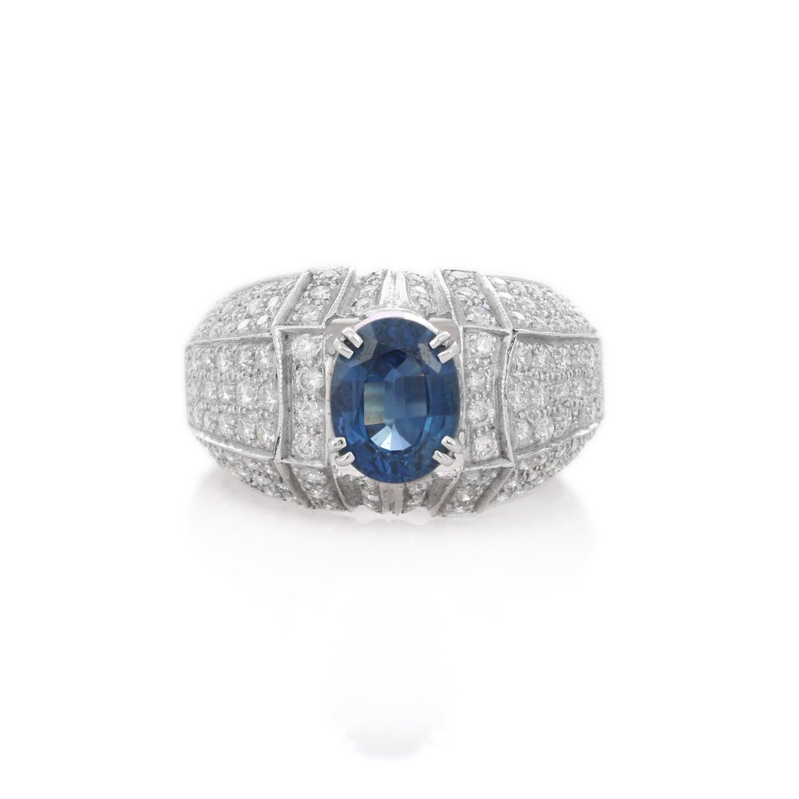 Oval Cut 2.57 Carats Blue Sapphire Diamond 14 Karat White Gold Ring For Sale