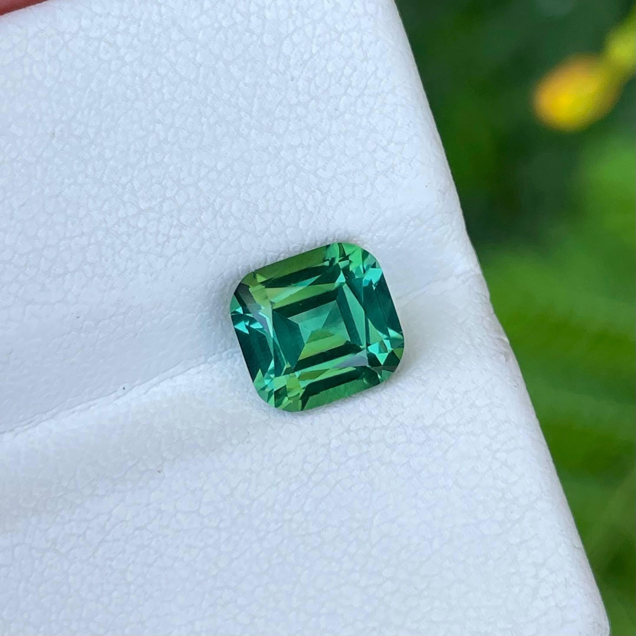 Weight 2.57 carats 
Dimensions 8.35x7.90x5.5 mm
Treatment none 
Origin Afghanistan 
Clarity VVS (Very, Very Slightly Included) 
Shape cushion 
Cut fancy cushion 




The exquisite beauty of a 2.57 carat bluish green Tourmaline Stone takes center