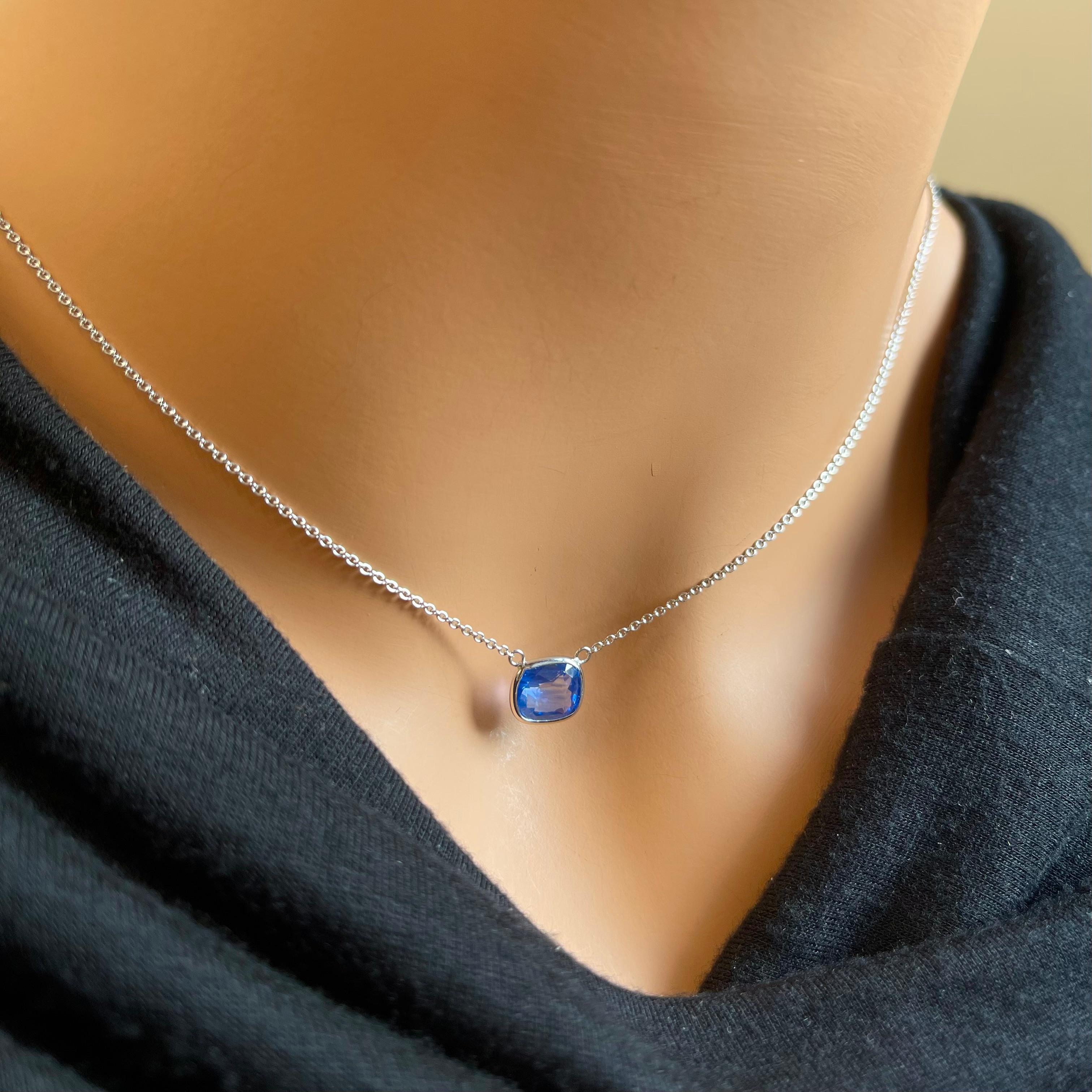 Contemporary 2.57ct Certified Blue Sapphire Cushion Cut Solitaire Necklace in 14k WG For Sale