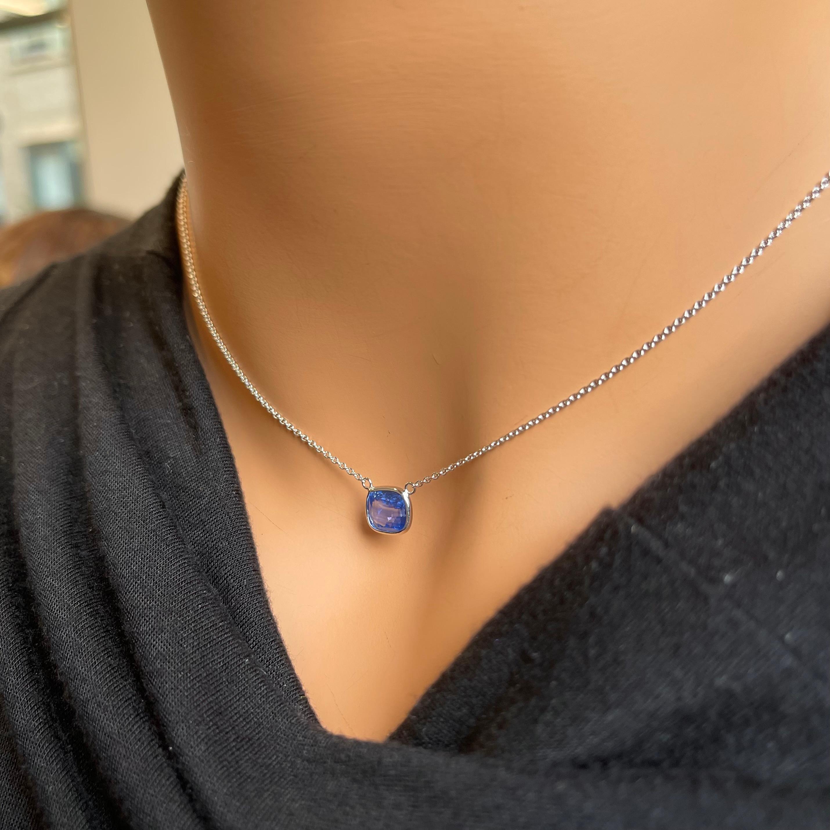 2.57ct Certified Blue Sapphire Cushion Cut Solitaire Necklace in 14k WG In New Condition For Sale In Chicago, IL
