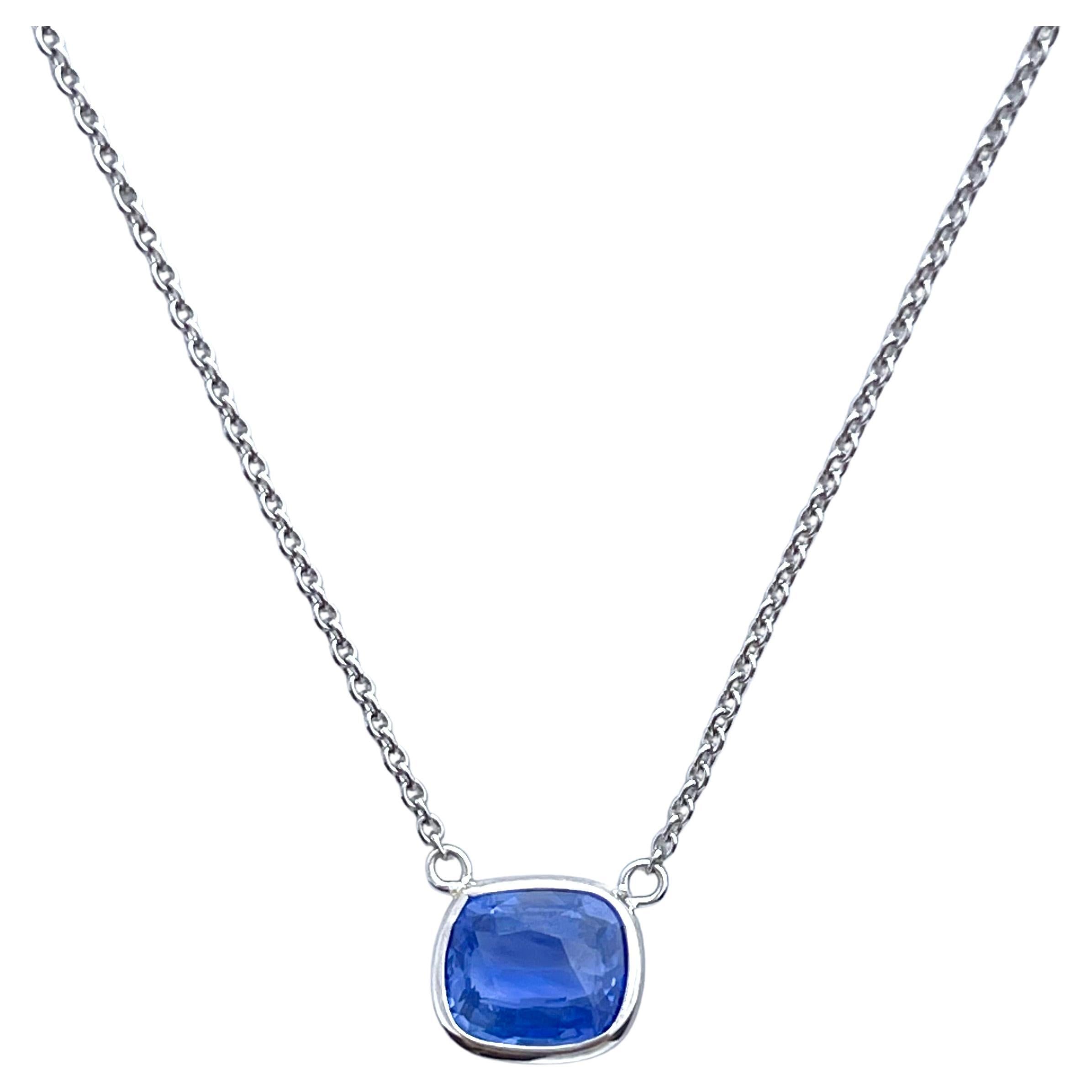 2.57ct Certified Blue Sapphire Cushion Cut Solitaire Necklace in 14k WG For Sale