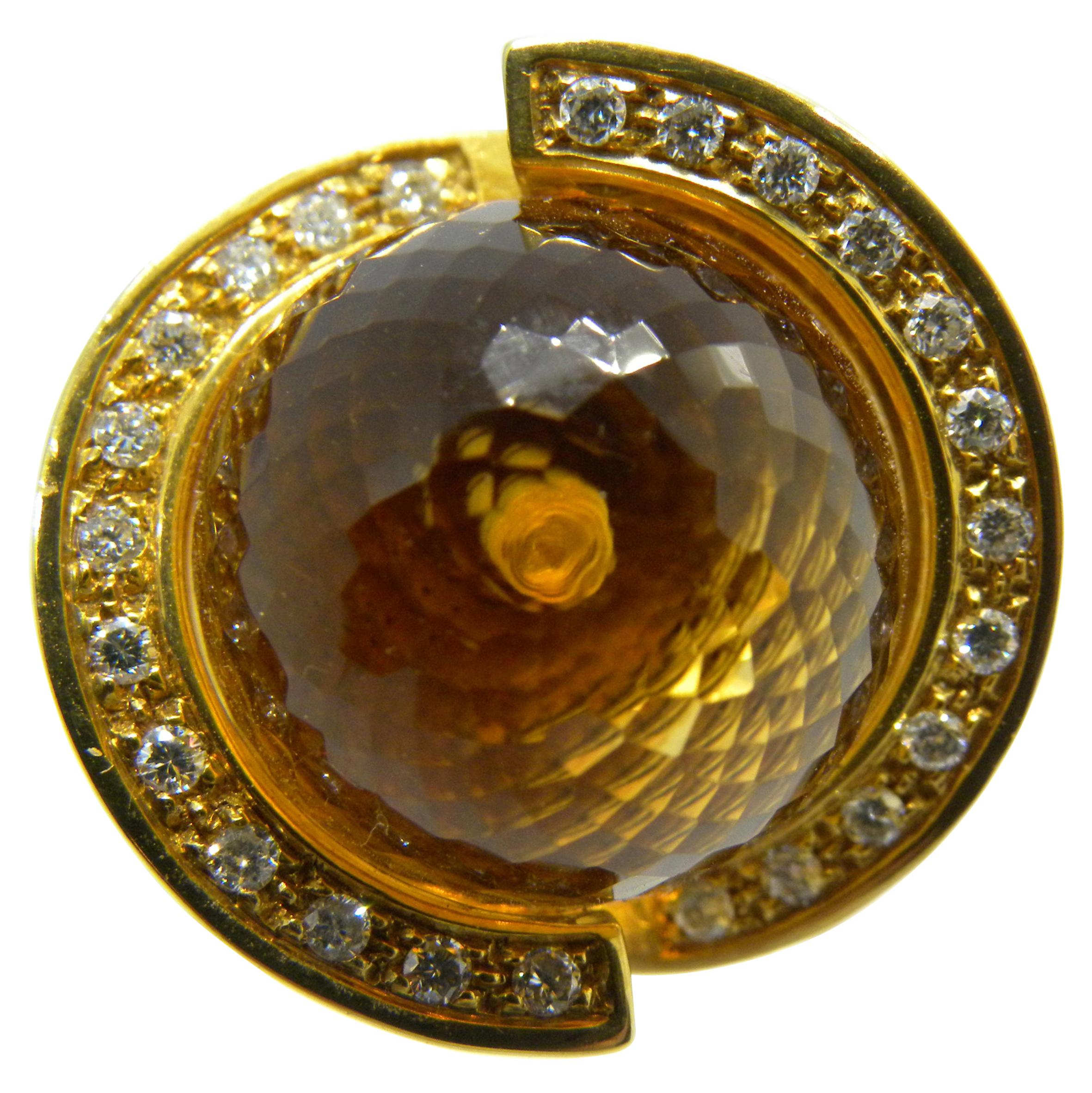 Berca 25.70 Carat Citrine Quartz Ball White Diamond Yellow Gold Helix Ring For Sale