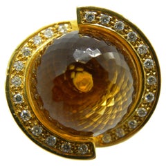 Berca 25.70 Carat Citrine Quartz Ball White Diamond Yellow Gold Helix Ring