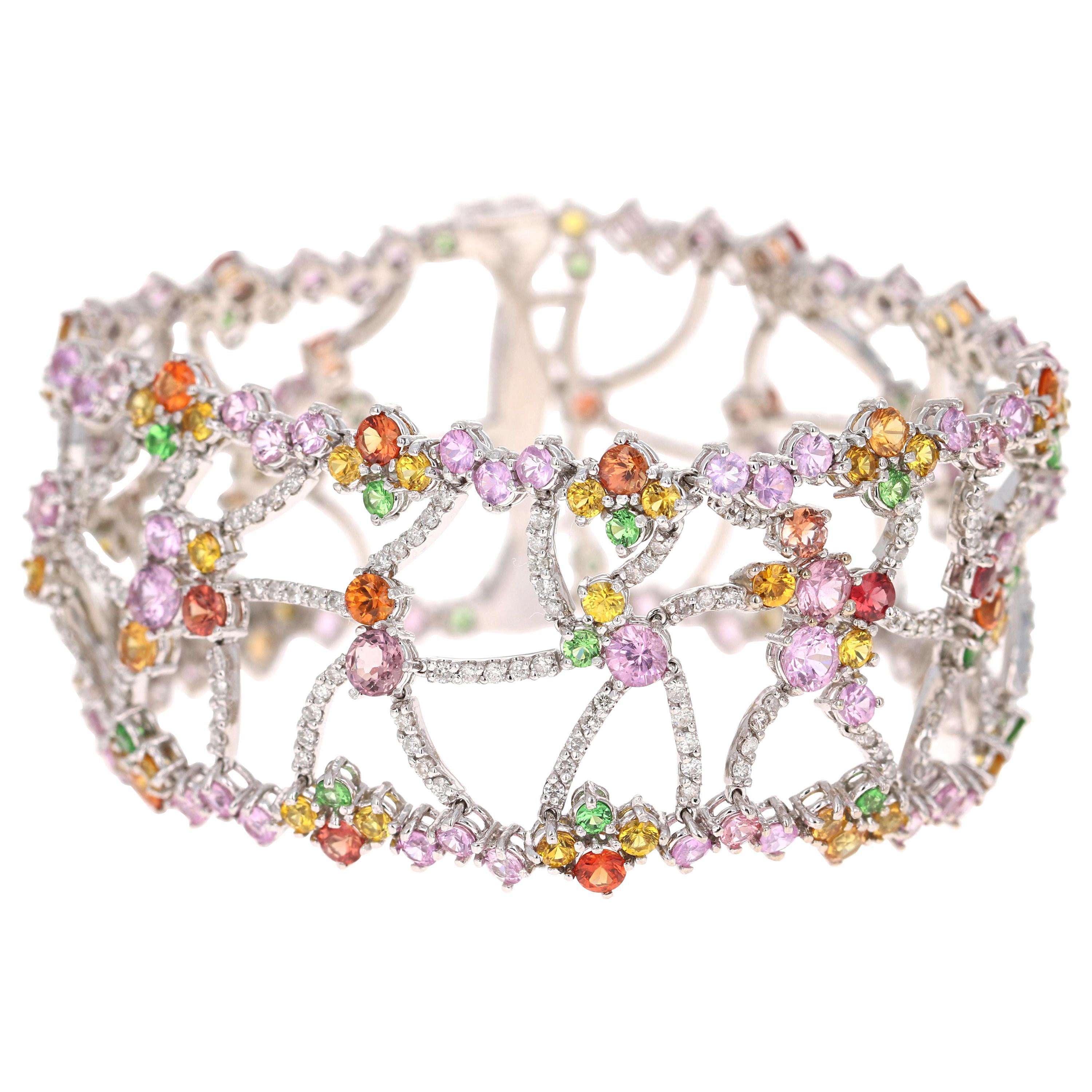 25.72 Carat Natural Sapphire Diamond 14 Karat White Gold Statement Bracelet For Sale