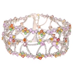 25.72 Carat Natural Sapphire Diamond 14 Karat White Gold Statement Bracelet