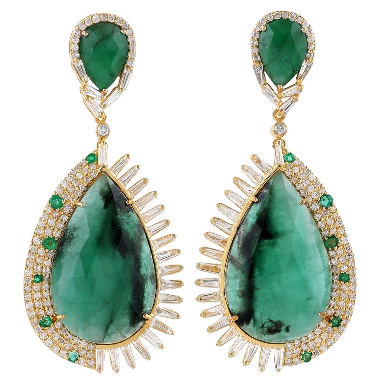 25.74 Carat Emerald 18 Karat Gold Diamond Earrings For Sale