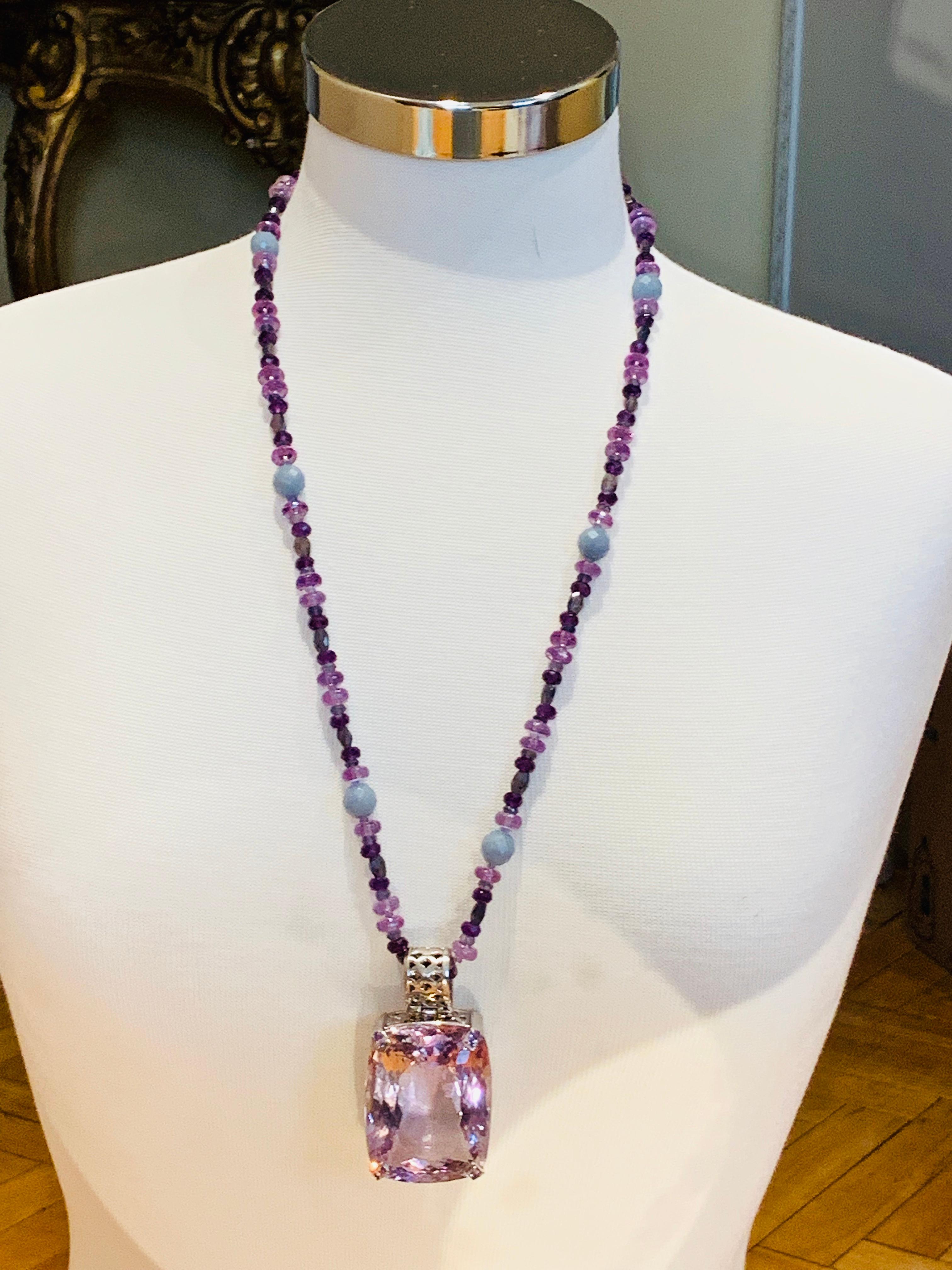 Cushion Cut 257.55 Carat Natural Brazilian Amethyst with Tanzanite Pendant Necklace For Sale