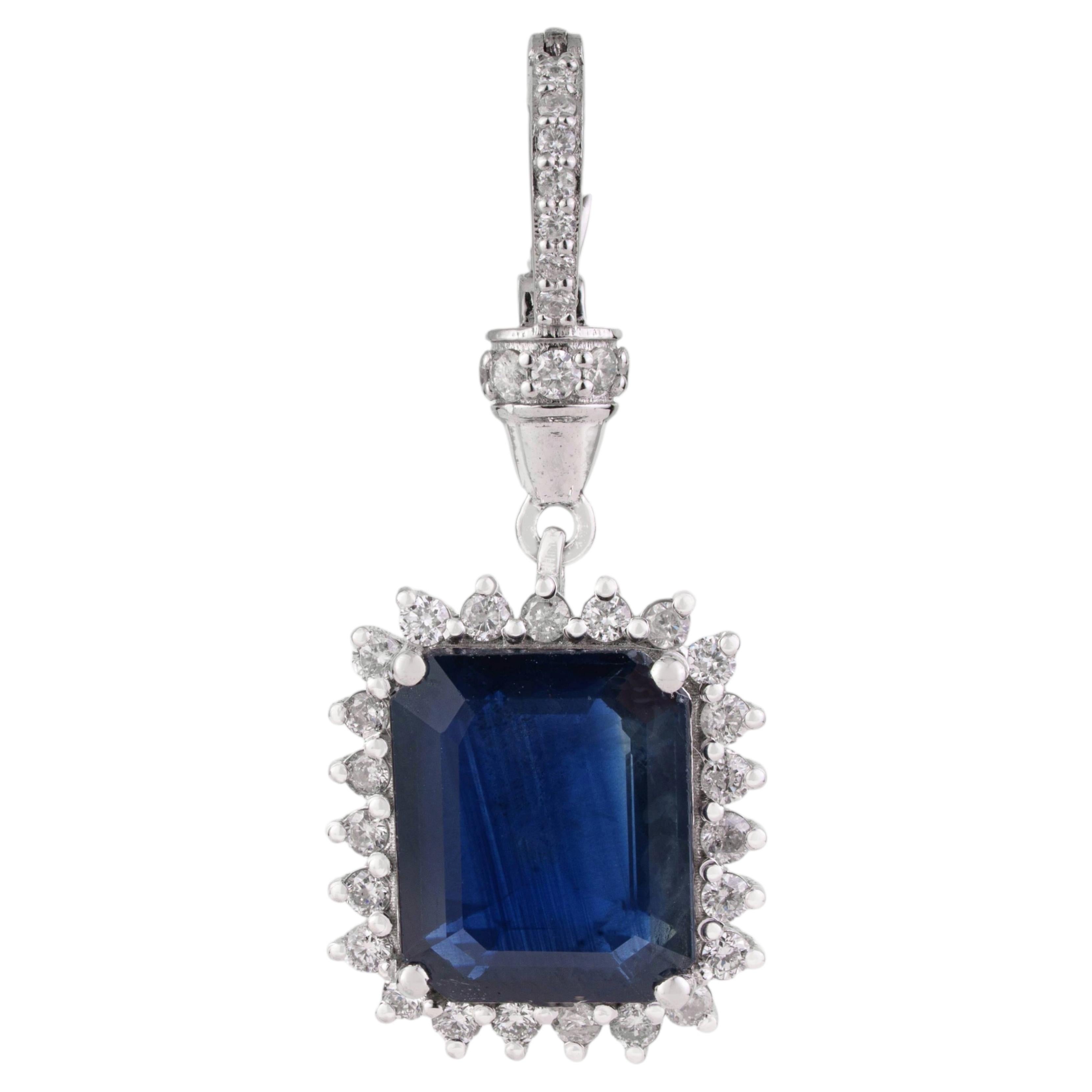 2.57ct Blue Sapphire & Diamond Halo Pendant with Lobster lock in 14K White Gold