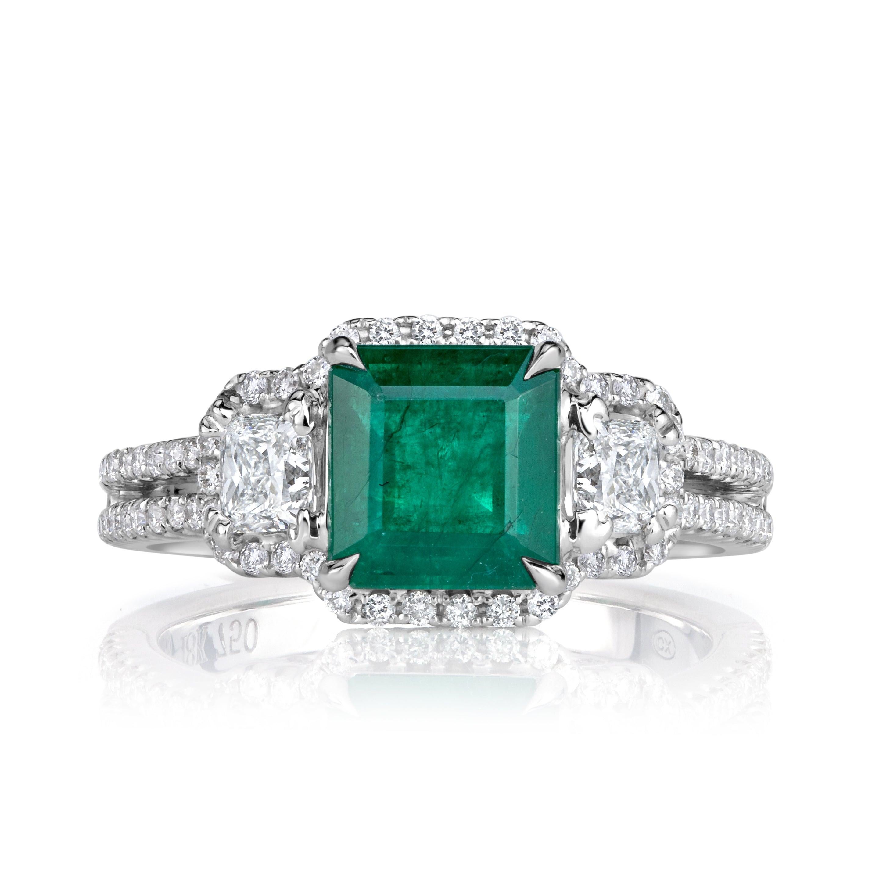 2.57ct Emerald Cut Green Emerald Engagement Ring For Sale