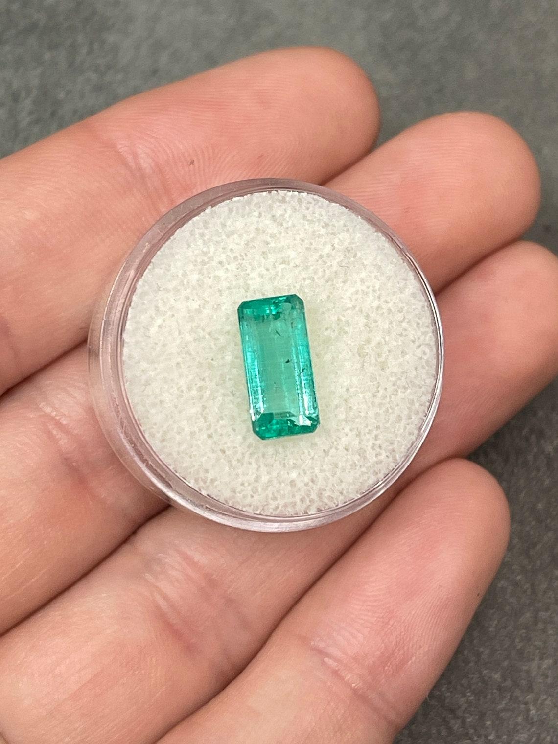 Modern 2.57ct Light Bluish Green Elongated Emerald Cut Colombian Gem Genuine May For Sale