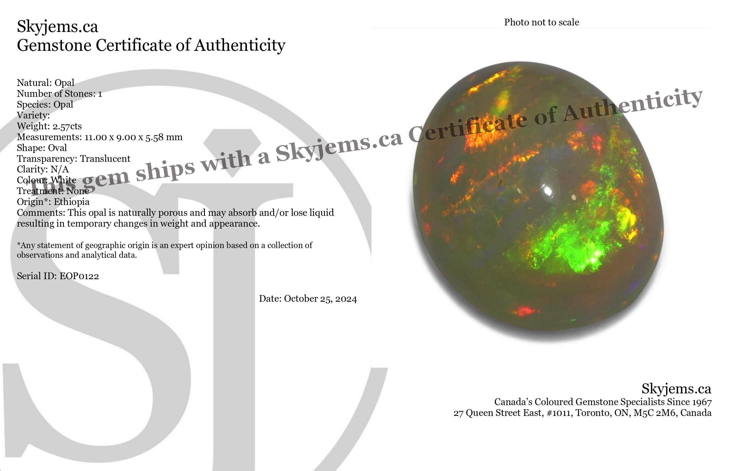 Beschreibung:

Edelstein-Typ: Opal 
Anzahl von Steinen: 1
Gewicht: 2,57 Karat
Abmessungen: 11,00 x 9,00 x 5,58 mm mm
Die Form: Oval
Schliffart: Cabochon
Schnittstil Krone: 
Cutting Style Pavilion:  
Durchsichtigkeit: Transluzent
Klarheit: N/A
Farbe: