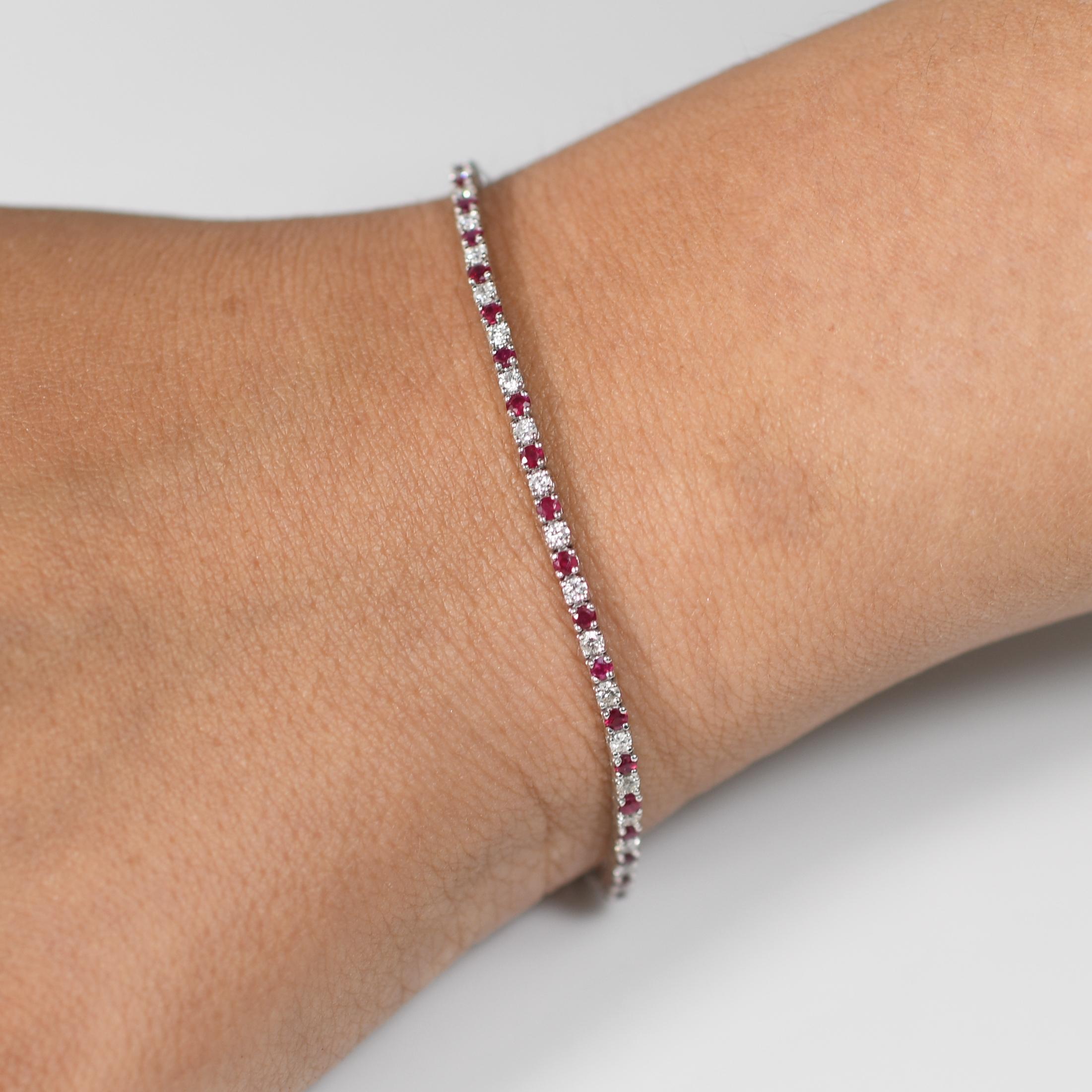 2.57ct Ruby & Diamond Tennis Straight Line Bracelet in 14k White Gold In Good Condition For Sale In Addison, TX