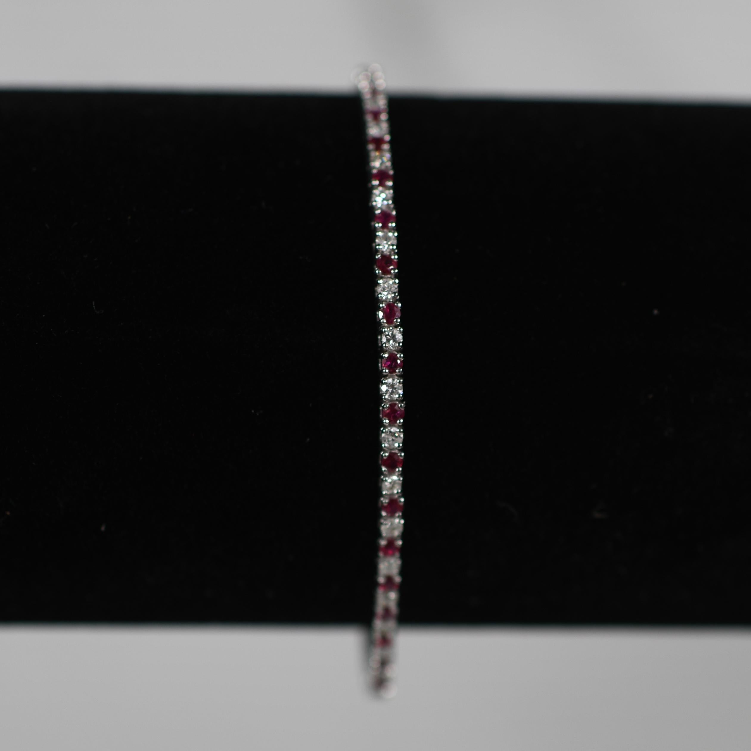 2.57ct Ruby & Diamond Tennis Straight Line Bracelet in 14k White Gold For Sale 1