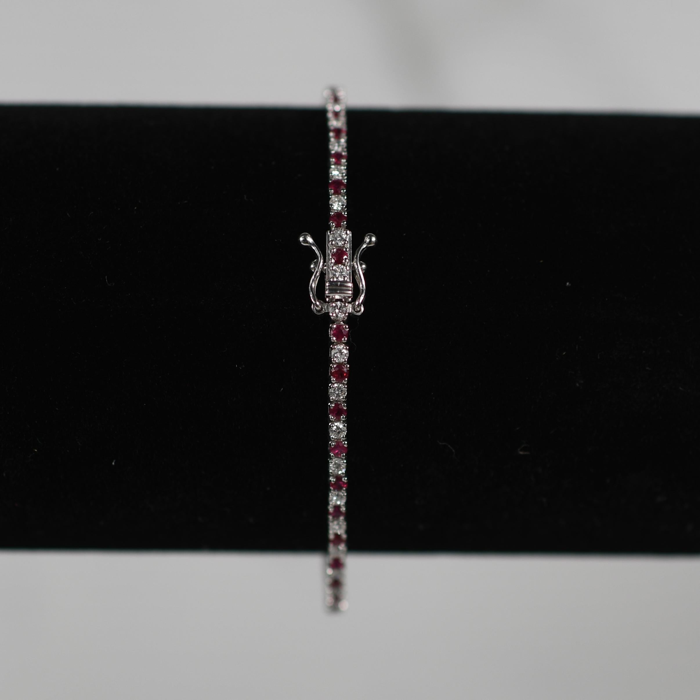 2.57ct Ruby & Diamond Tennis Straight Line Bracelet in 14k White Gold For Sale 2