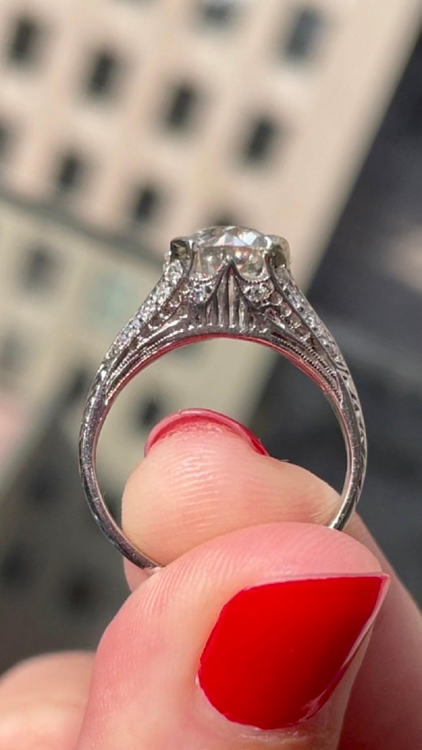 2.58 carat Antique European Cut Diamond in Original Art Deco Filigree Ring In Excellent Condition For Sale In New York, NY
