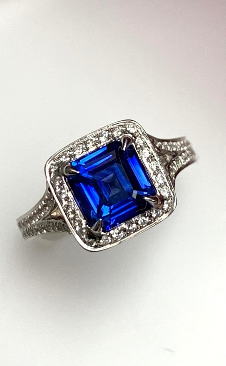 2.58 Carat Asscher Cut Blue Sapphire Diamond Cocktail Ring For Sale at ...