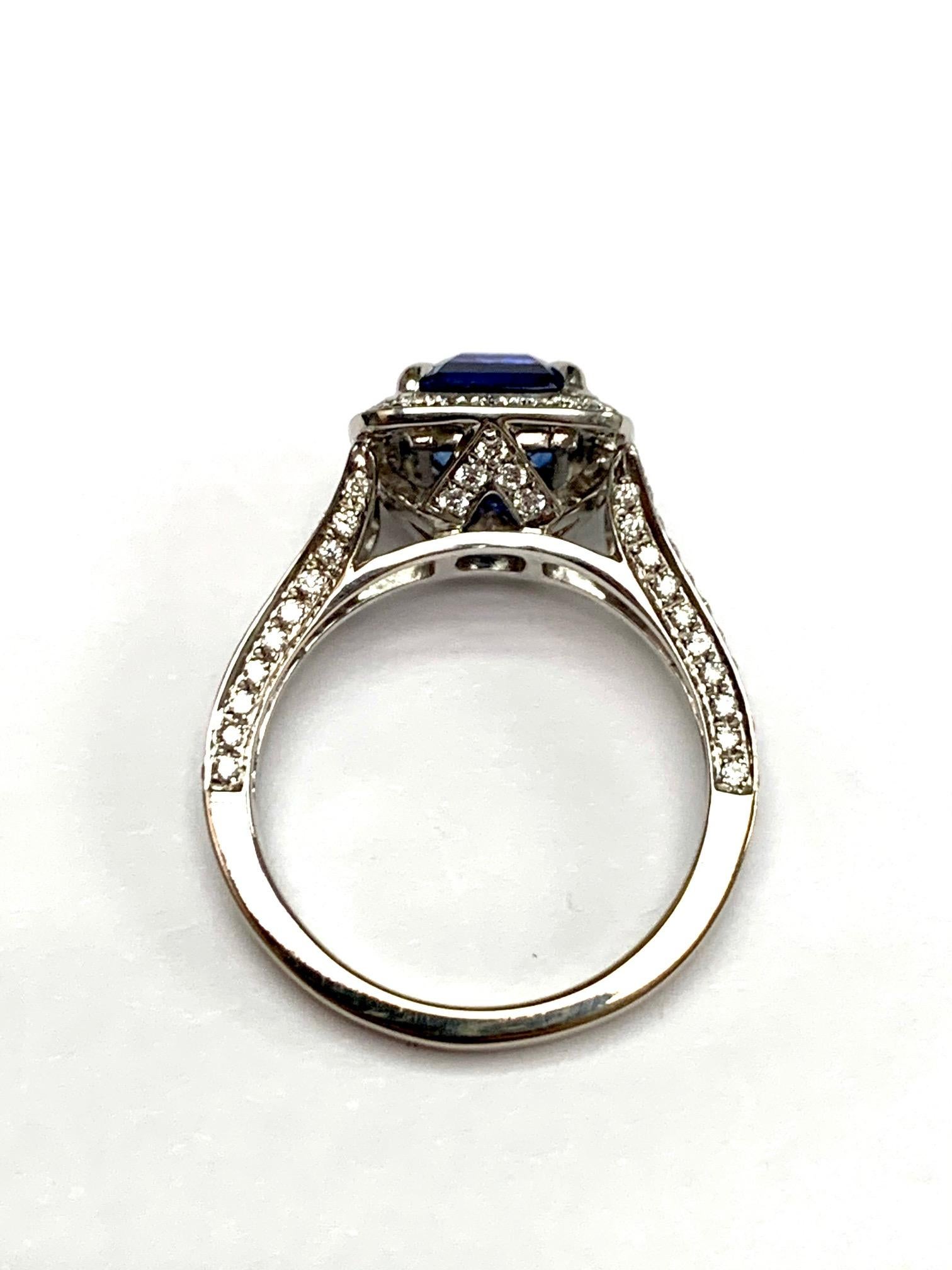 Modern 2.58 Carat Asscher Cut Blue Sapphire Diamond Cocktail Ring For Sale