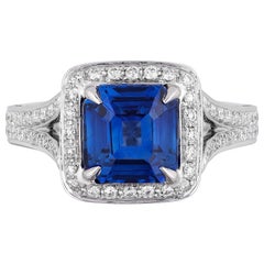 2.58 Carat Asscher Cut Blue Sapphire Diamond Cocktail Ring