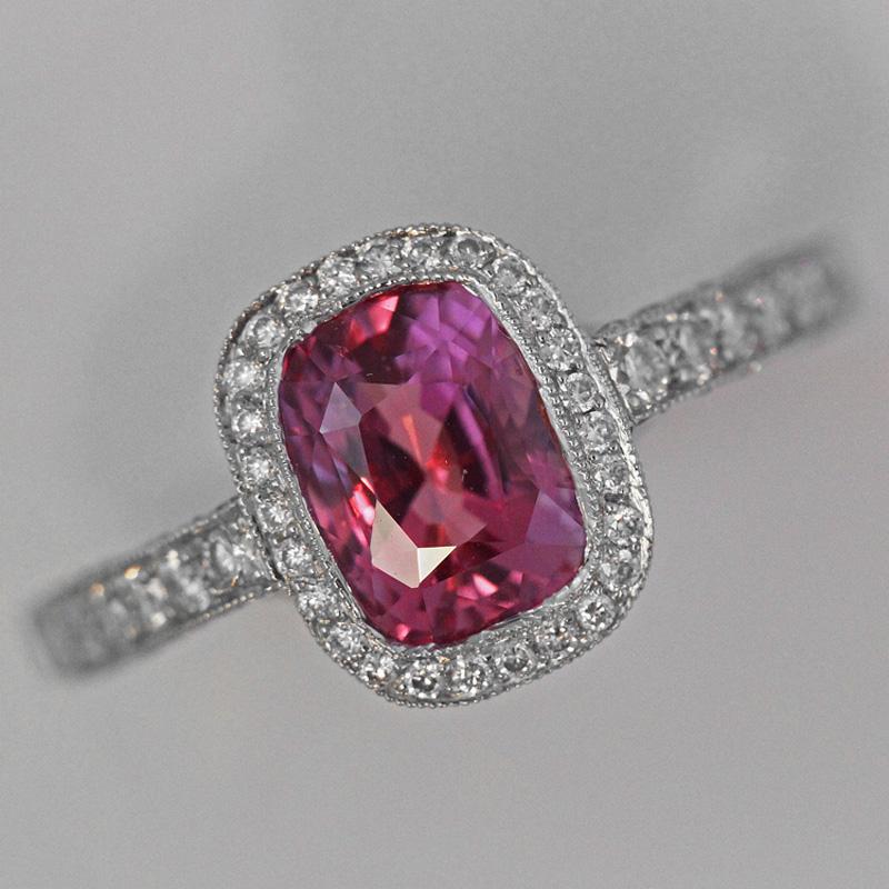 B8100003

2.58 Ct Big Cushion Natural Fancy Pink Sapphire & Diamond Ring Platinum GIA!

1. Carat Weight: 2.58 Carat Sapphire

2. Color: Pink

3. Tone:  Medium - Nice, 7.0 Out of 10

4. Hue: Fancy Pink.

3. Clarity:  Excellent clarity, no inclusions