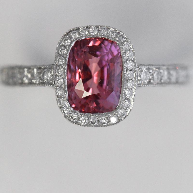 Contemporary 2.58 Carat Big Cushion Natural Fancy Pink Sapphire and Diamond Ring Platinum For Sale